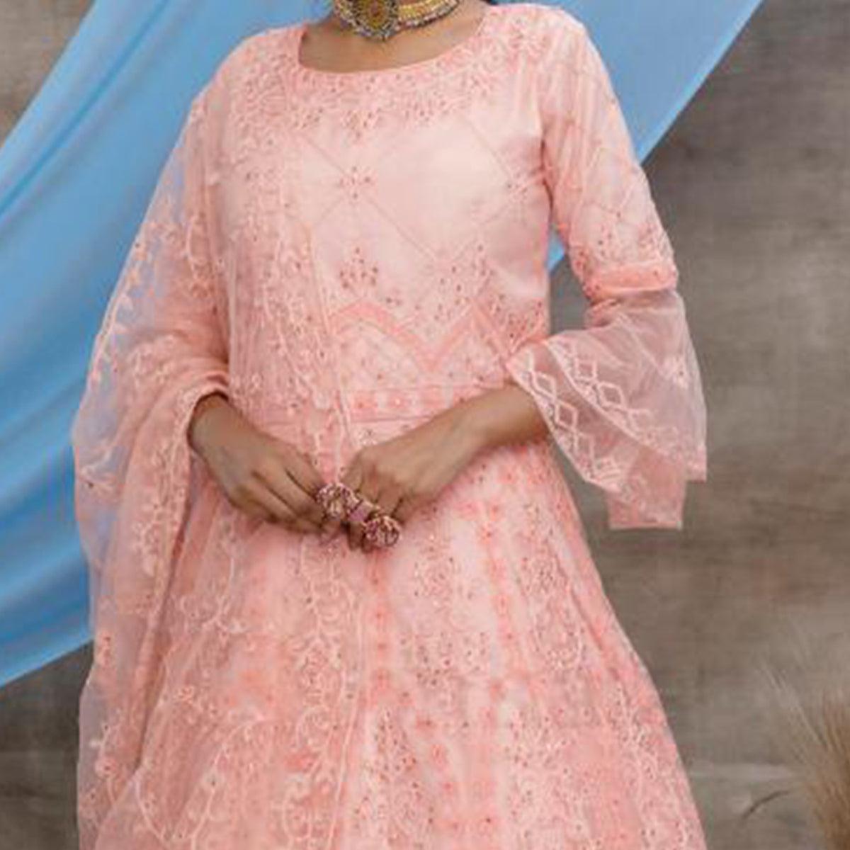Trendy Peach Colored Party Wear Embroidered Net Gown - Peachmode