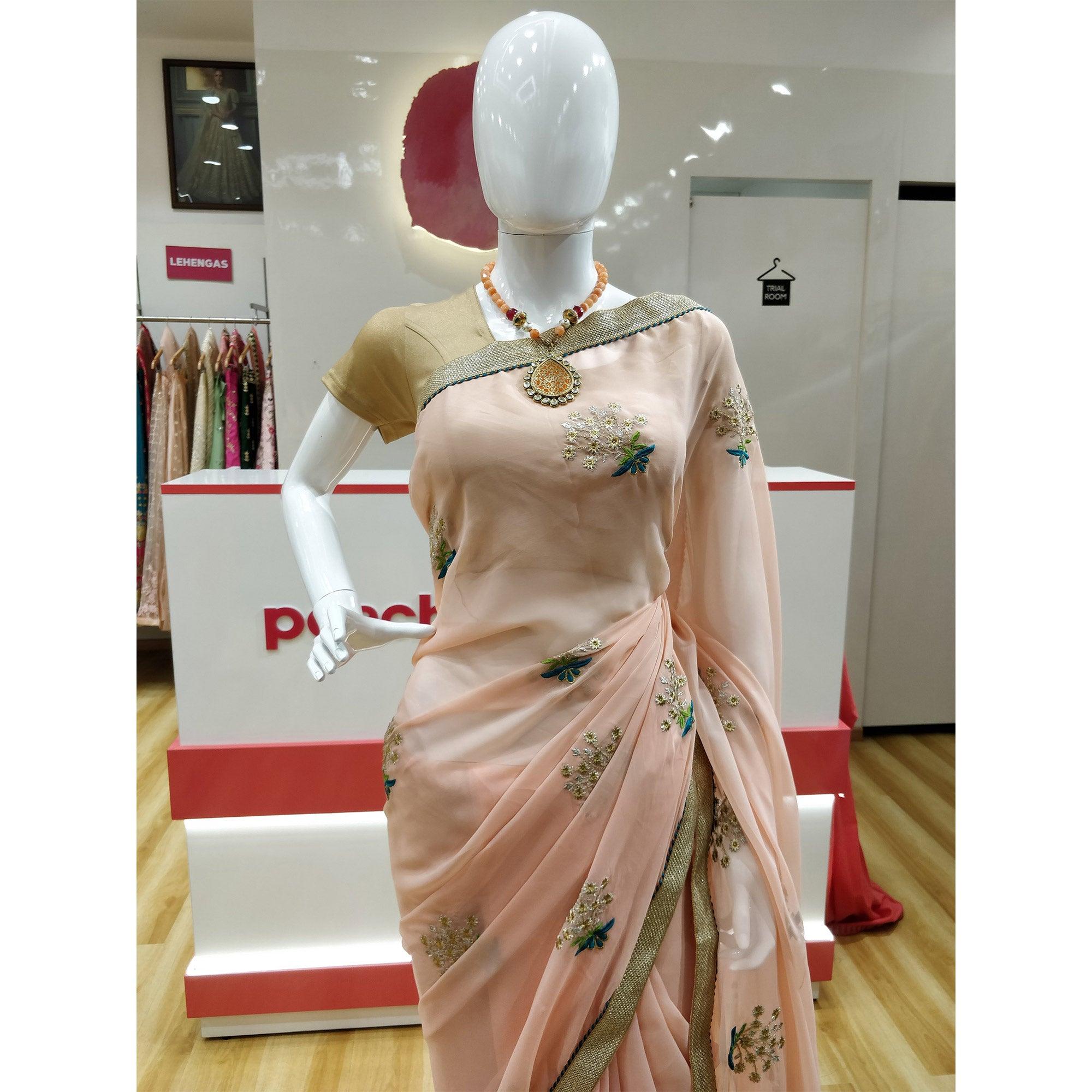 Trendy Peach Colored Partywear Embroidered Faux Georgette Saree - Peachmode