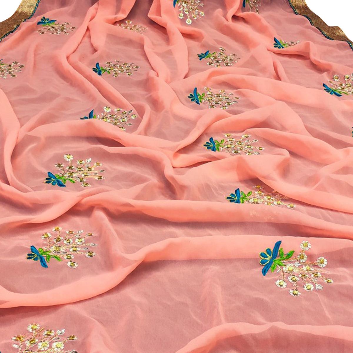 Trendy Peach Colored Partywear Embroidered Faux Georgette Saree - Peachmode