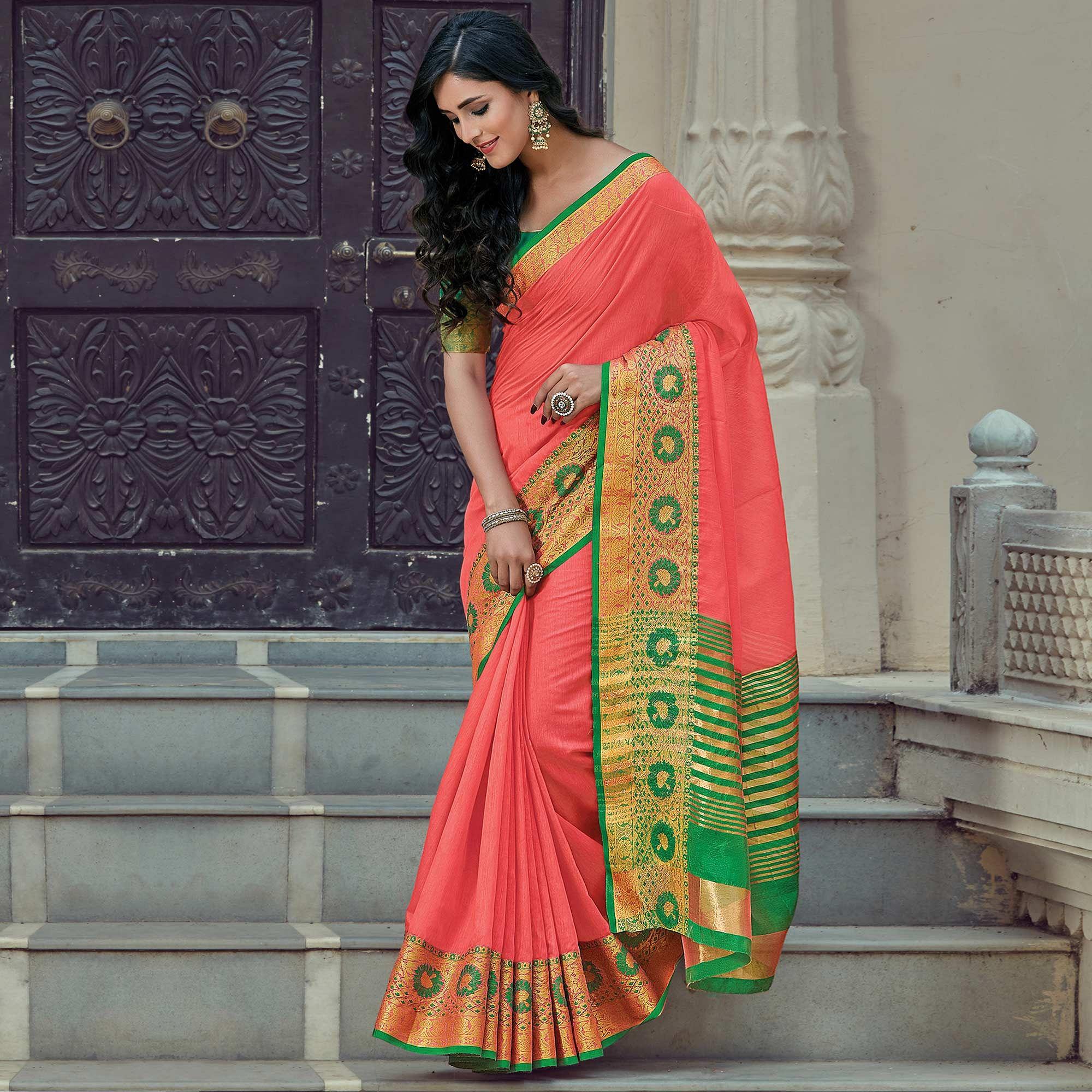 Trendy Peach Coloured Casual Wear Woven Cotton Handloom Saree - Peachmode