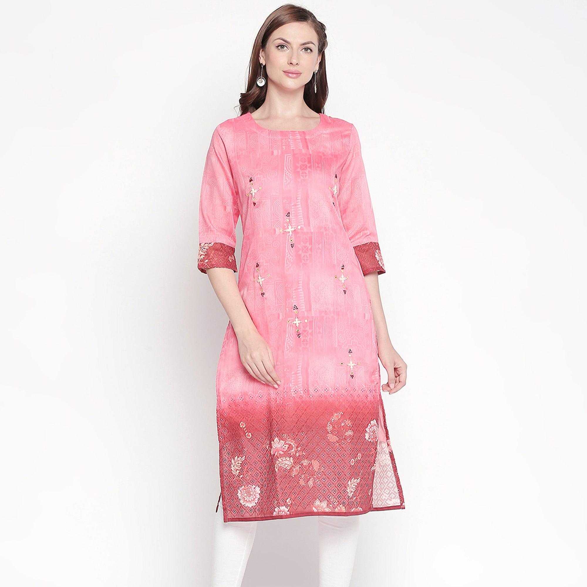 Trendy Pink Colored Casual Embroidered Silk Kurti - Peachmode