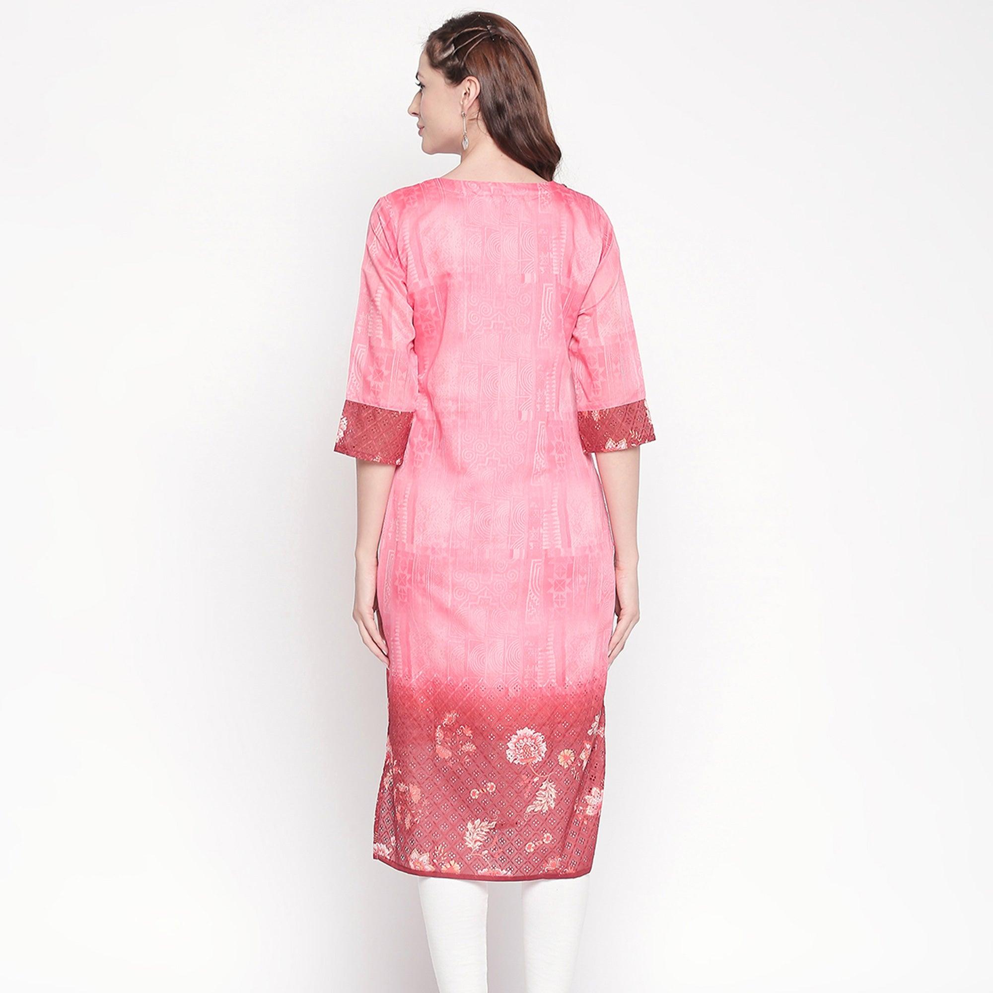 Trendy Pink Colored Casual Embroidered Silk Kurti - Peachmode