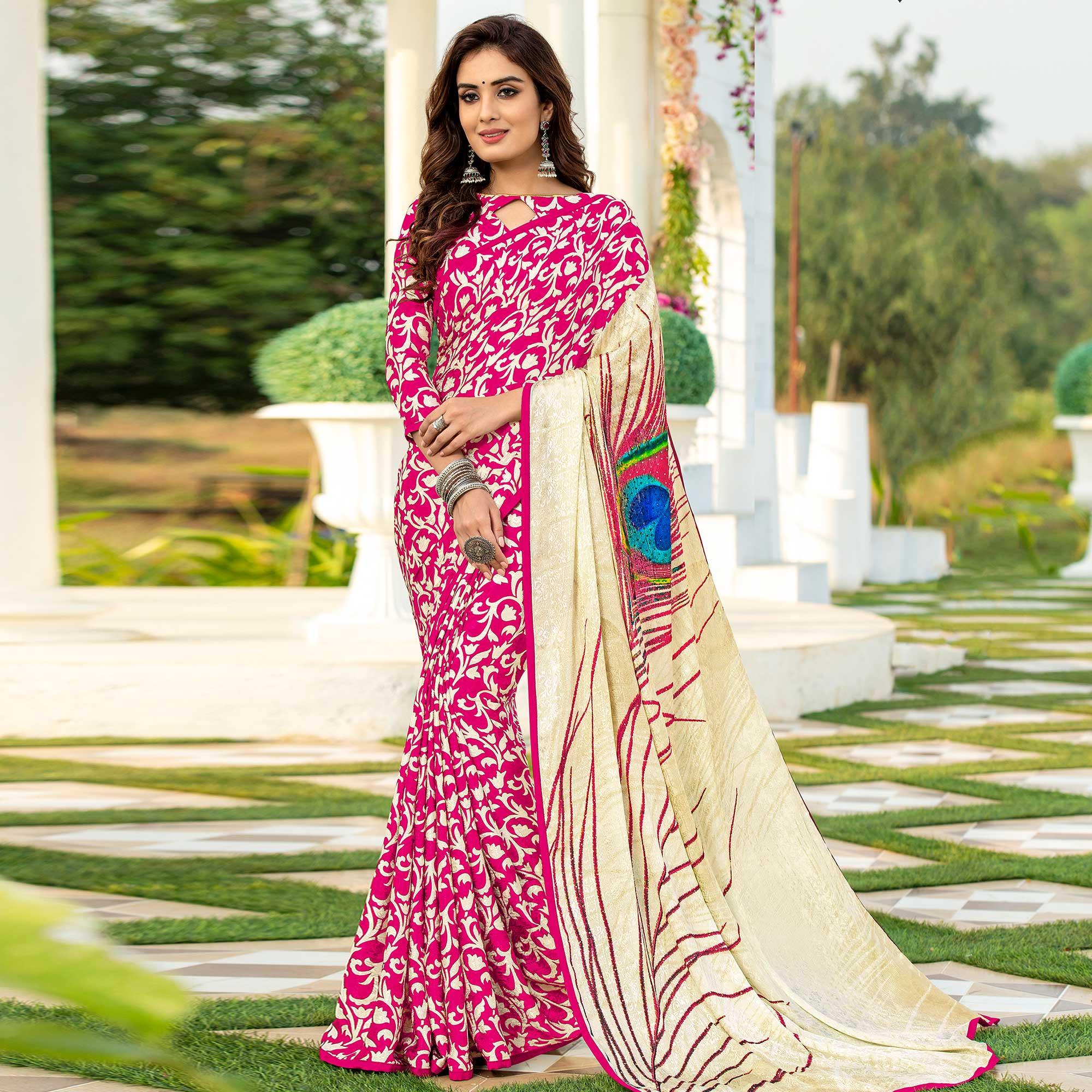 Trendy Pink Colored Festive Wear Diamond Work Silk Saree - Peachmode