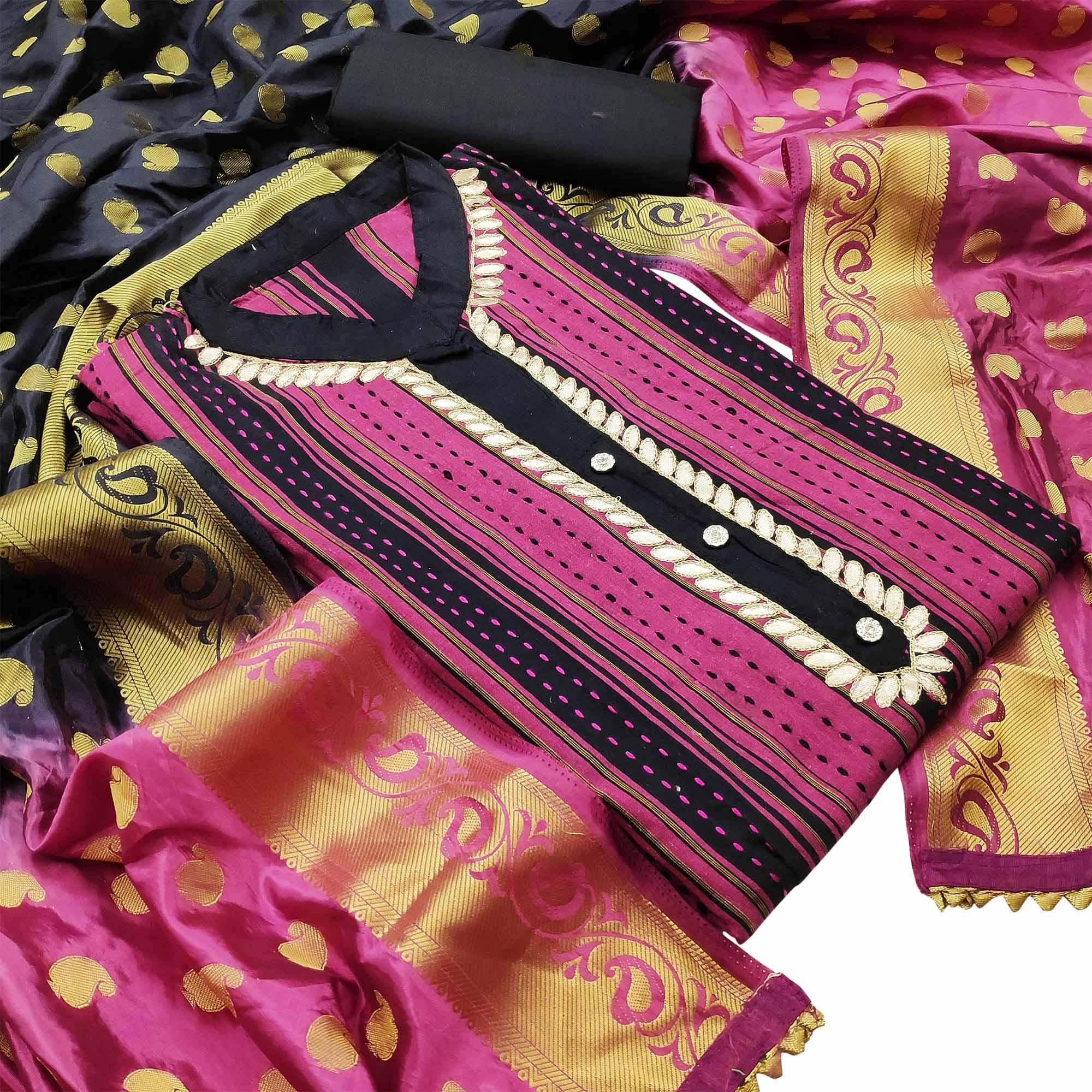 Trendy Pink Colored Festive Wear Embroidered Woven Cotton Dress Material - Peachmode
