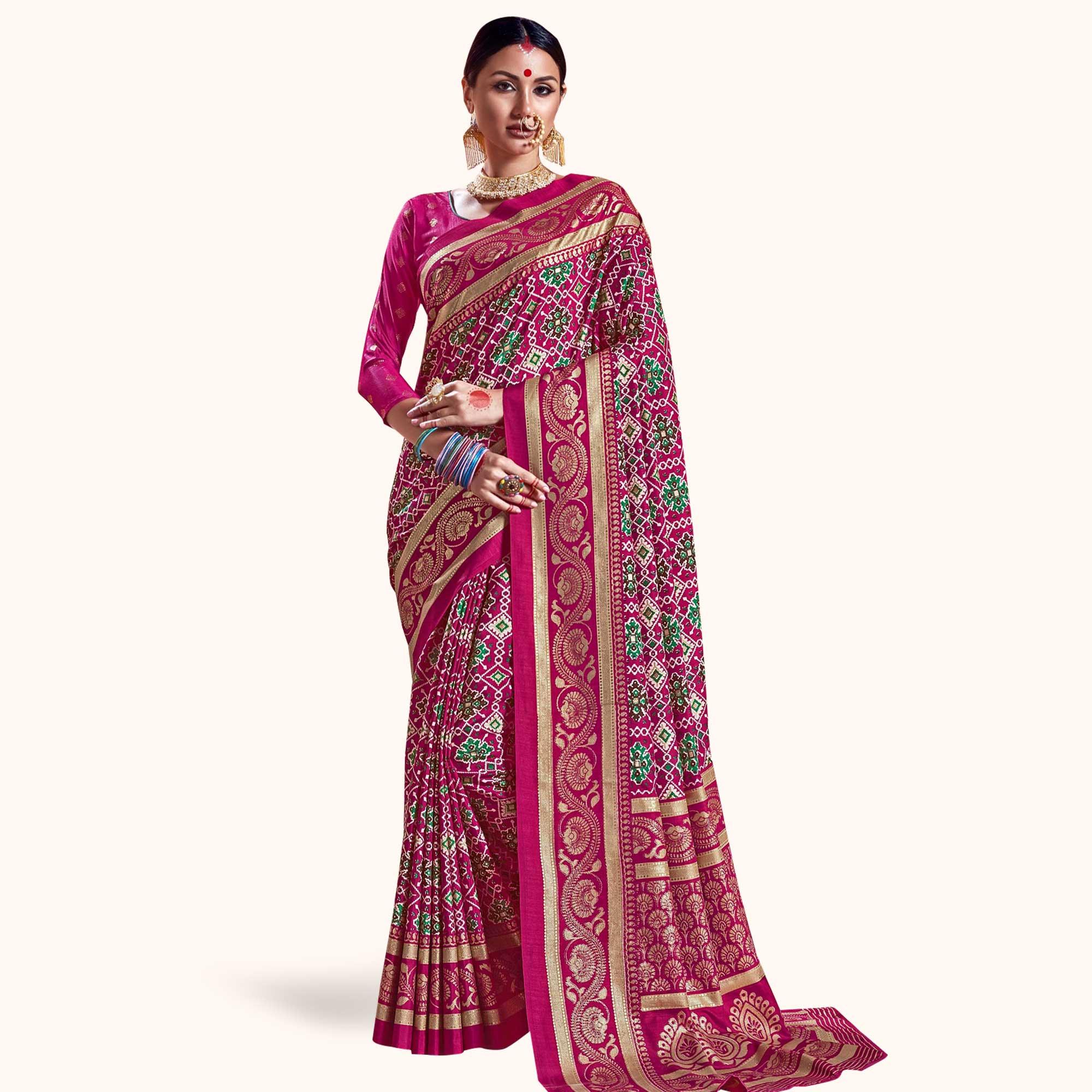 Trendy Pink Colored Festive Wear Printed Kanjivaram Silk Saree - Peachmode
