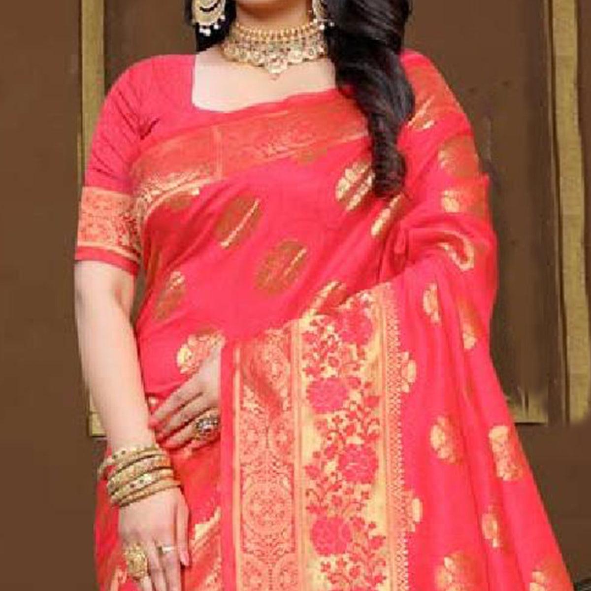 Trendy Pink Colored Festive Wear Woven Art Silk Saree - Peachmode