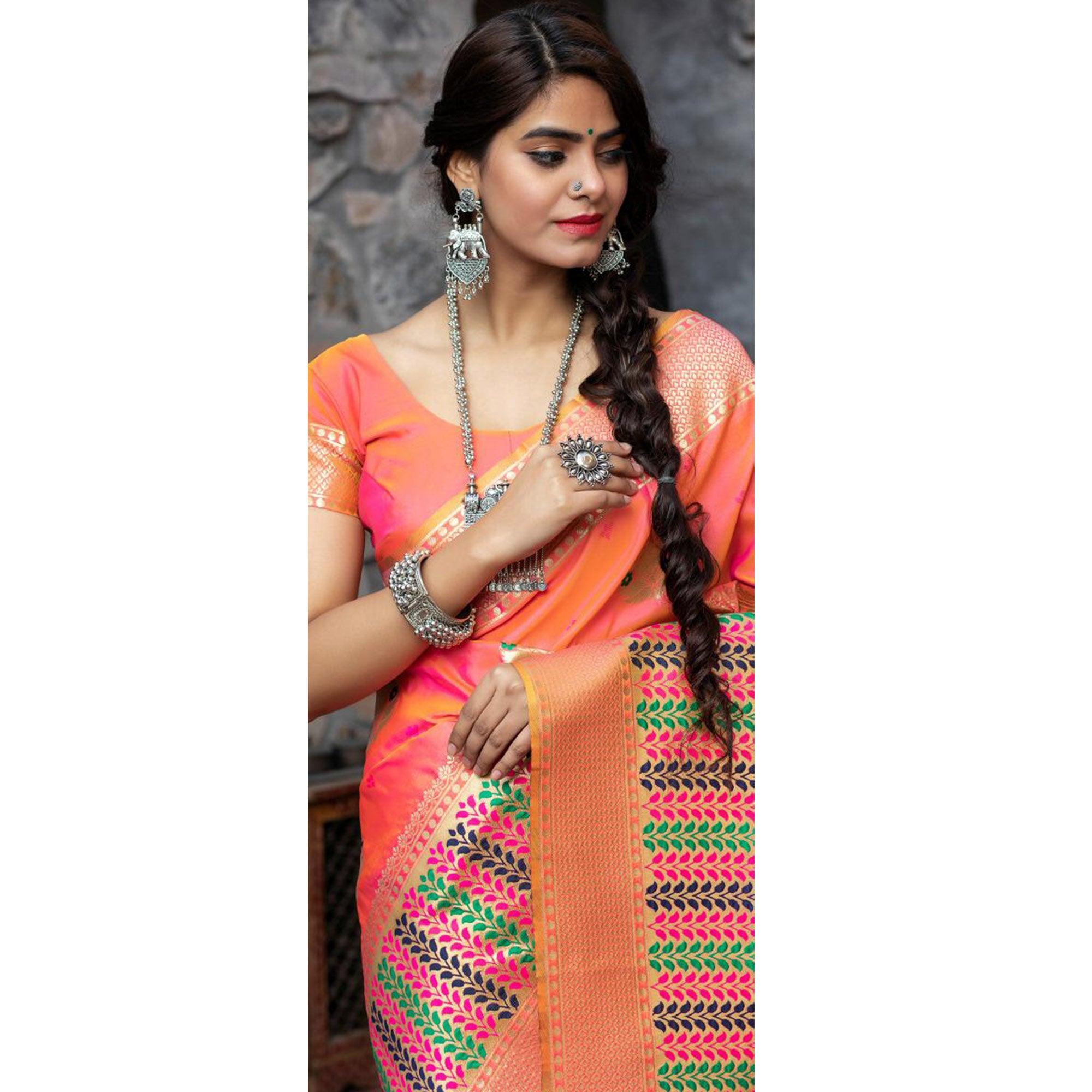 Trendy Pink Colored Festive Wear Woven Banarasi Silk Saree - Peachmode
