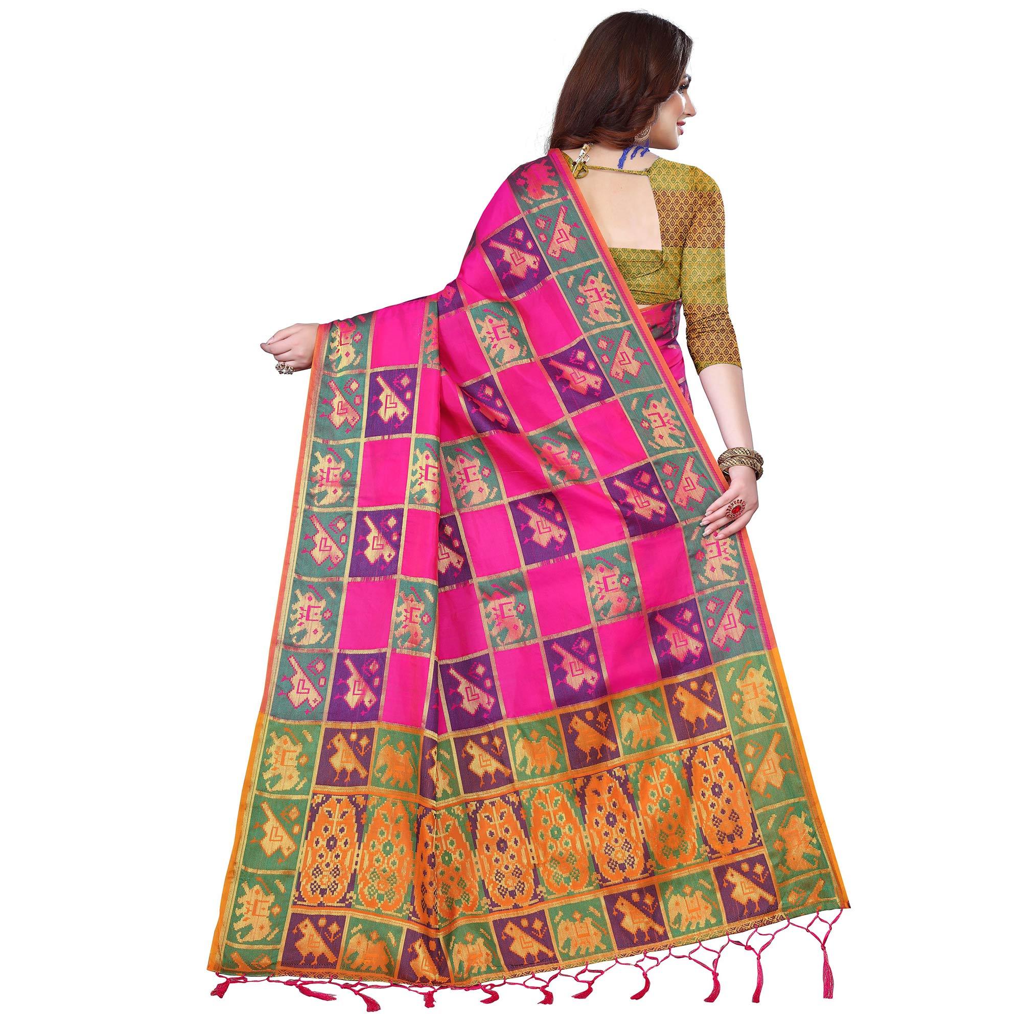 Trendy Pink Colored Festive Wear Woven Silk Saree - Peachmode