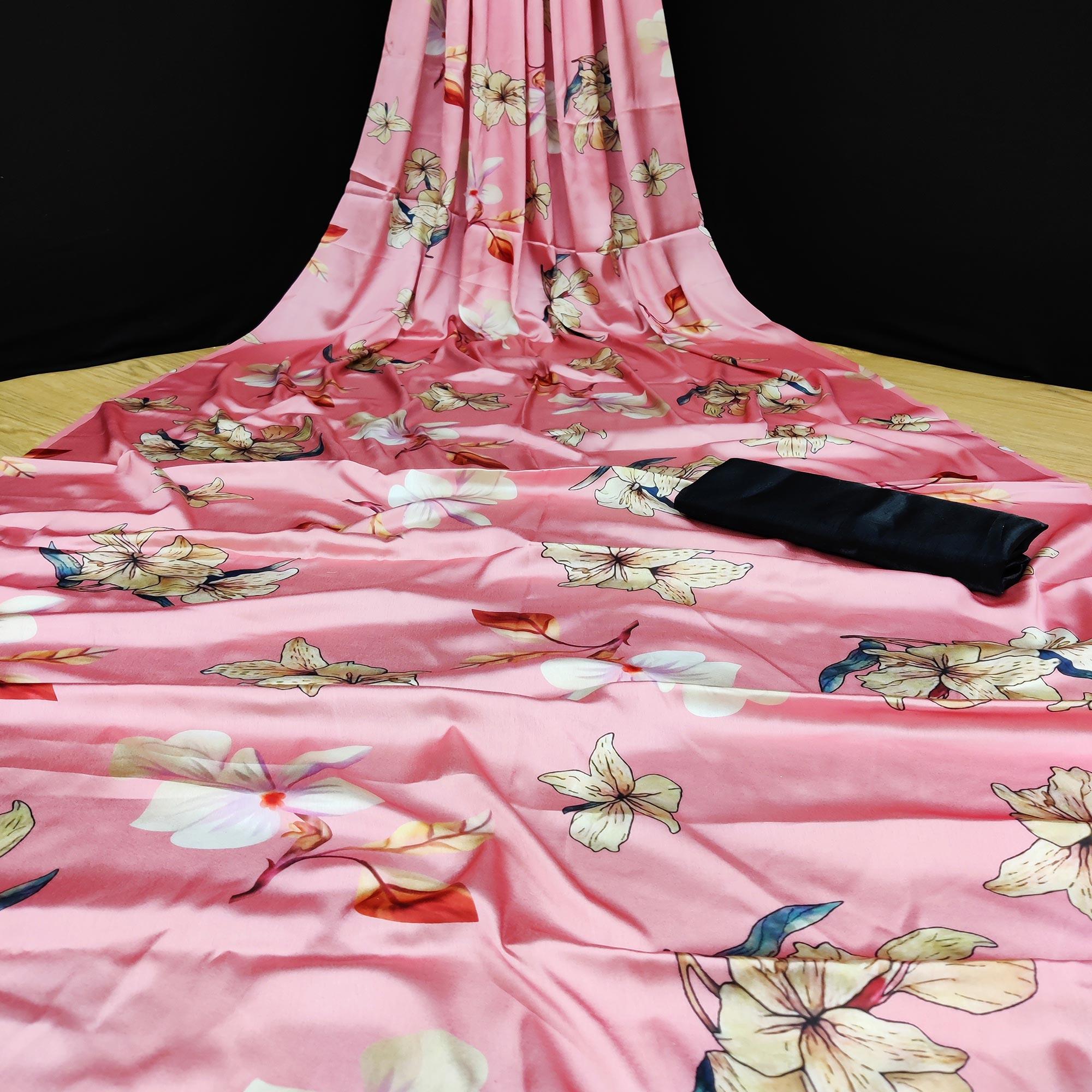 Trendy Pink Coloured Casual Wear Digital Printed Satin Saree - Peachmode