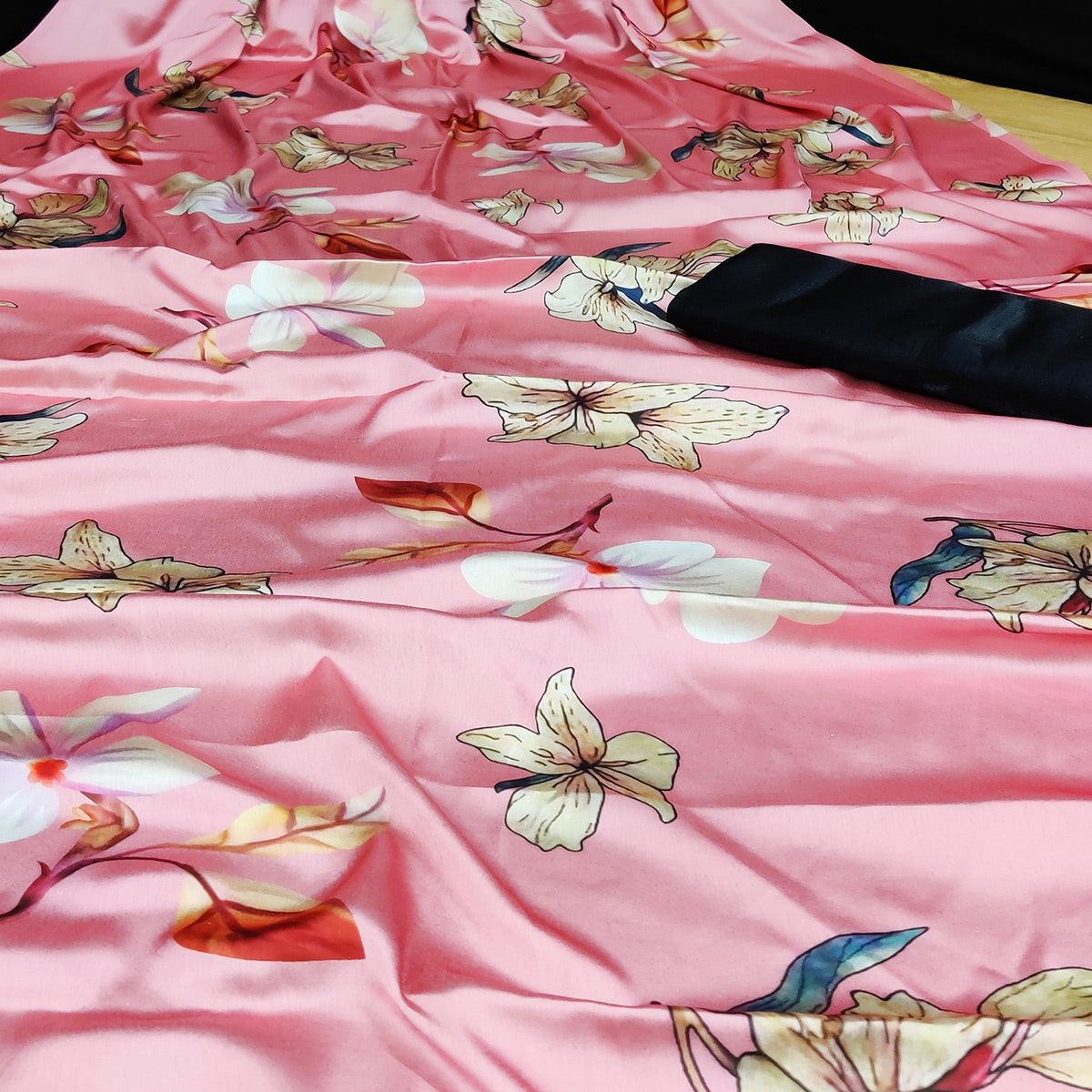 Trendy Pink Coloured Casual Wear Digital Printed Satin Saree - Peachmode