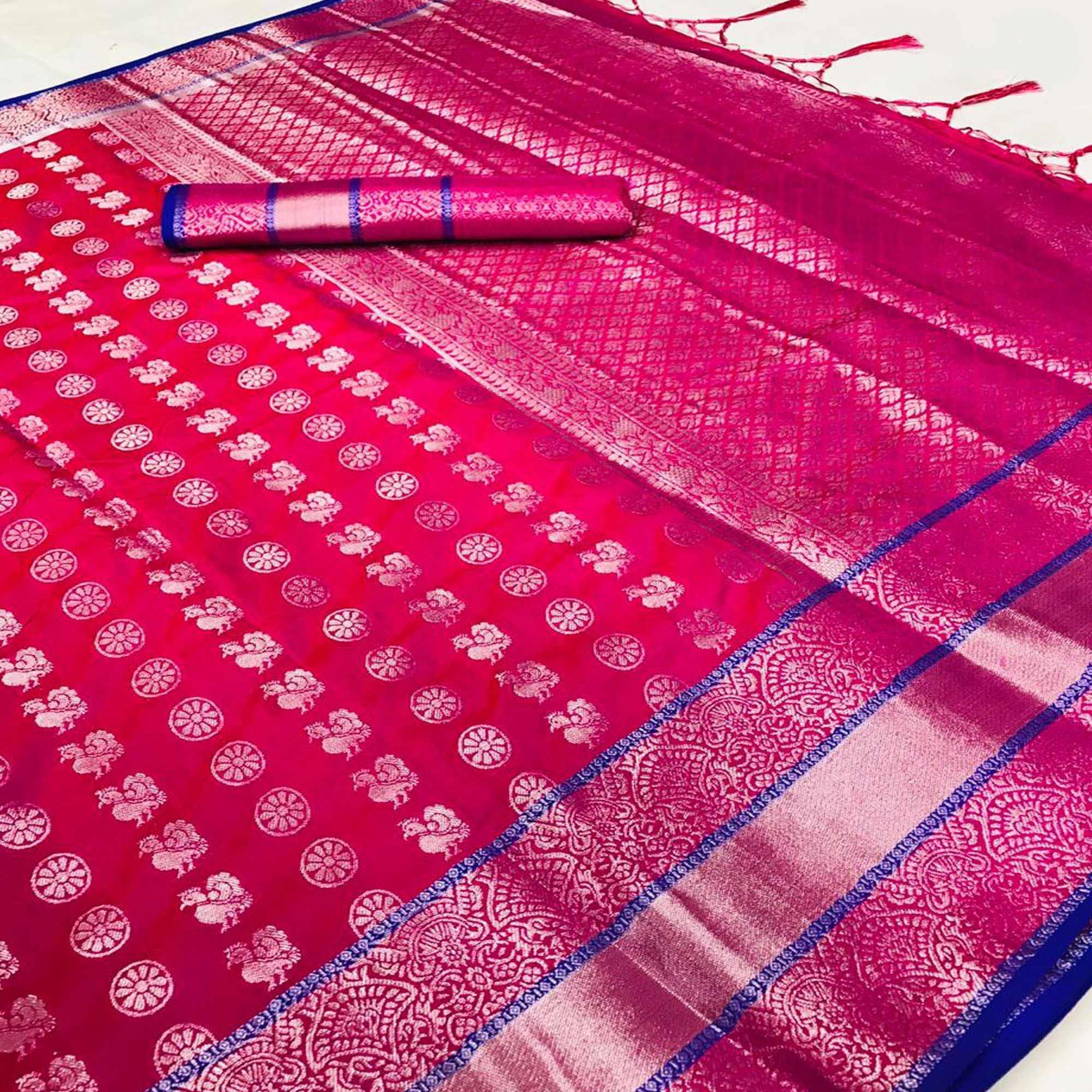 Trendy Pink Coloured Festive Wear Woven Kanjivaram Silk Saree - Peachmode
