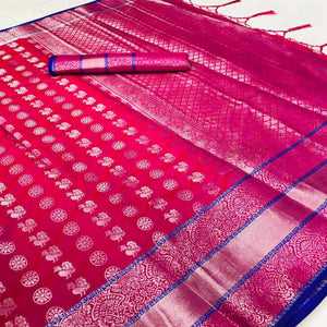 Trendy Pink Coloured Festive Wear Woven Kanjivaram Silk Saree - Peachmode