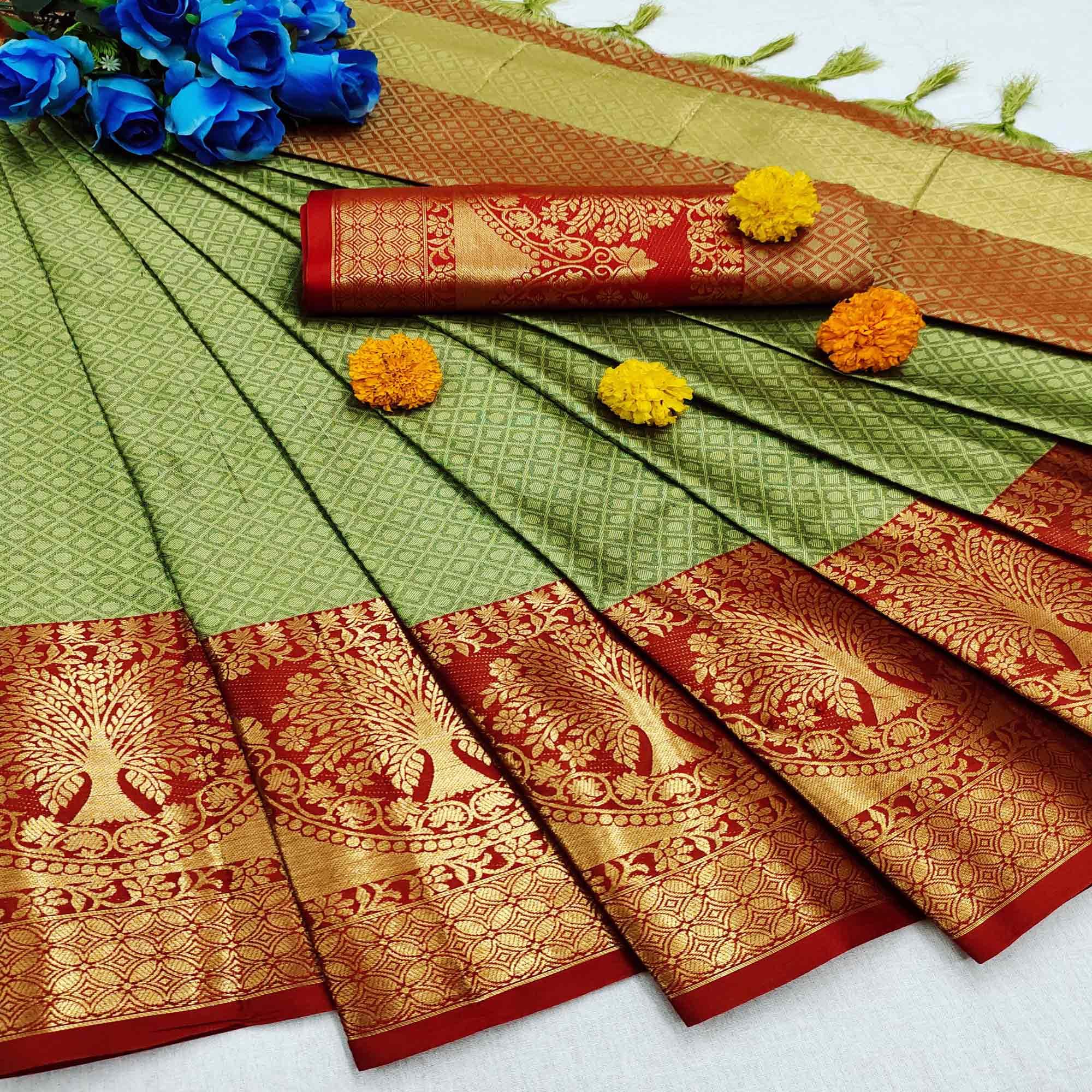 Trendy Pista Green Colored Festive Wear Woven Cotton Silk Saree - Peachmode