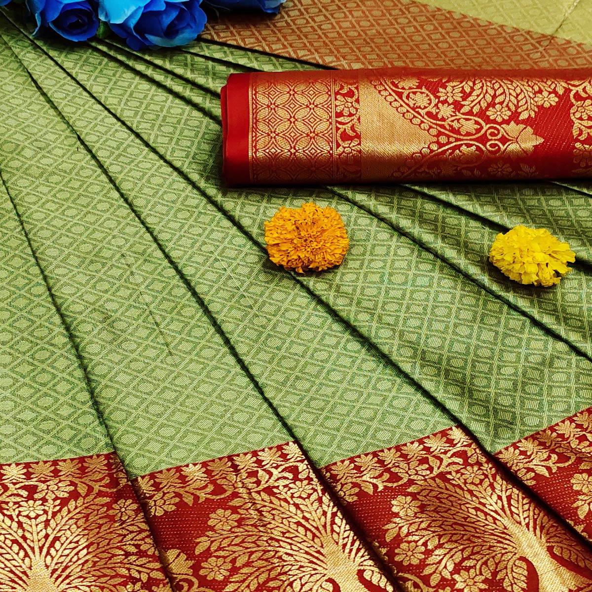 Trendy Pista Green Colored Festive Wear Woven Cotton Silk Saree - Peachmode