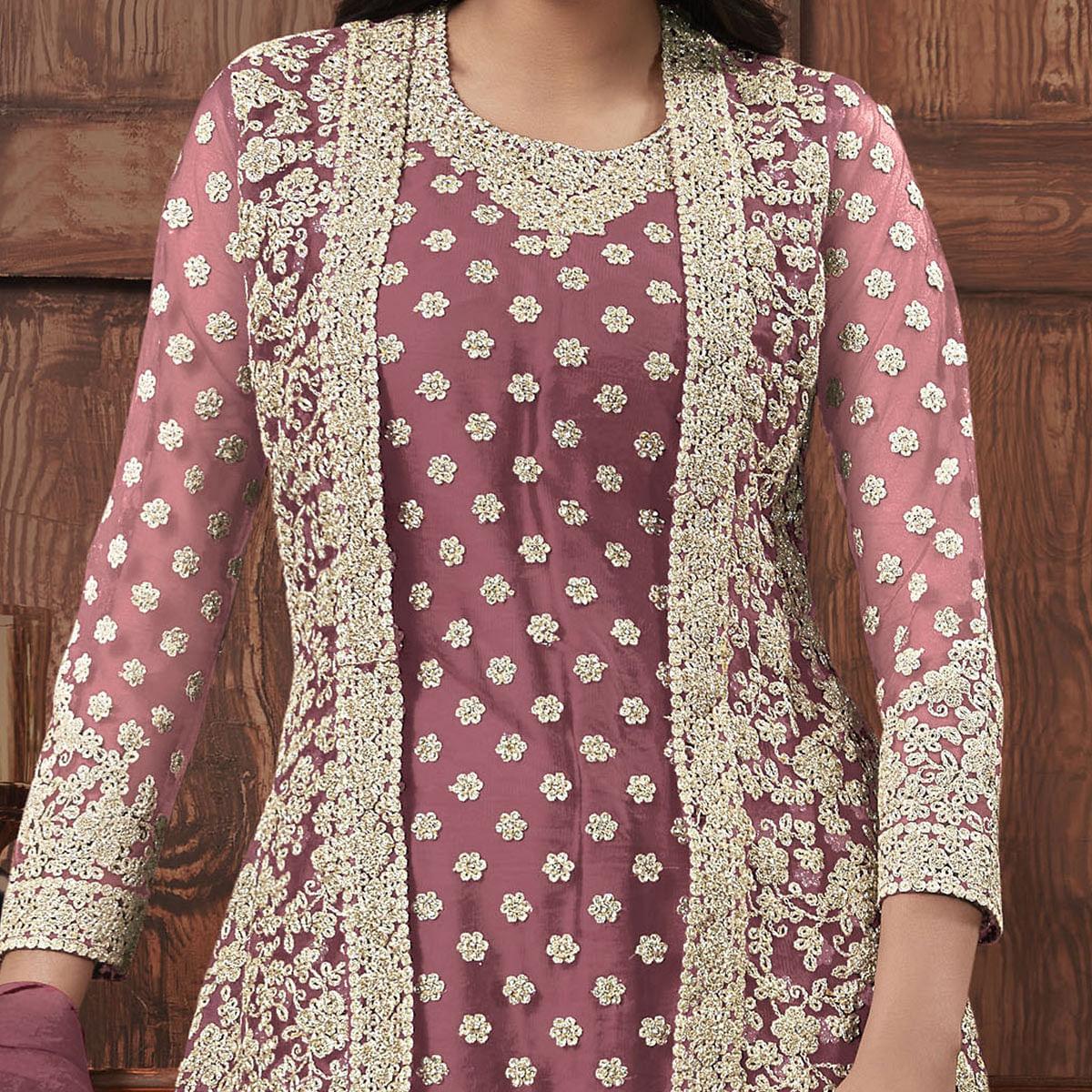 Trendy Purple Coloured Partywear Embroidered Butterfly Net Pakistani Straight Suit - Peachmode