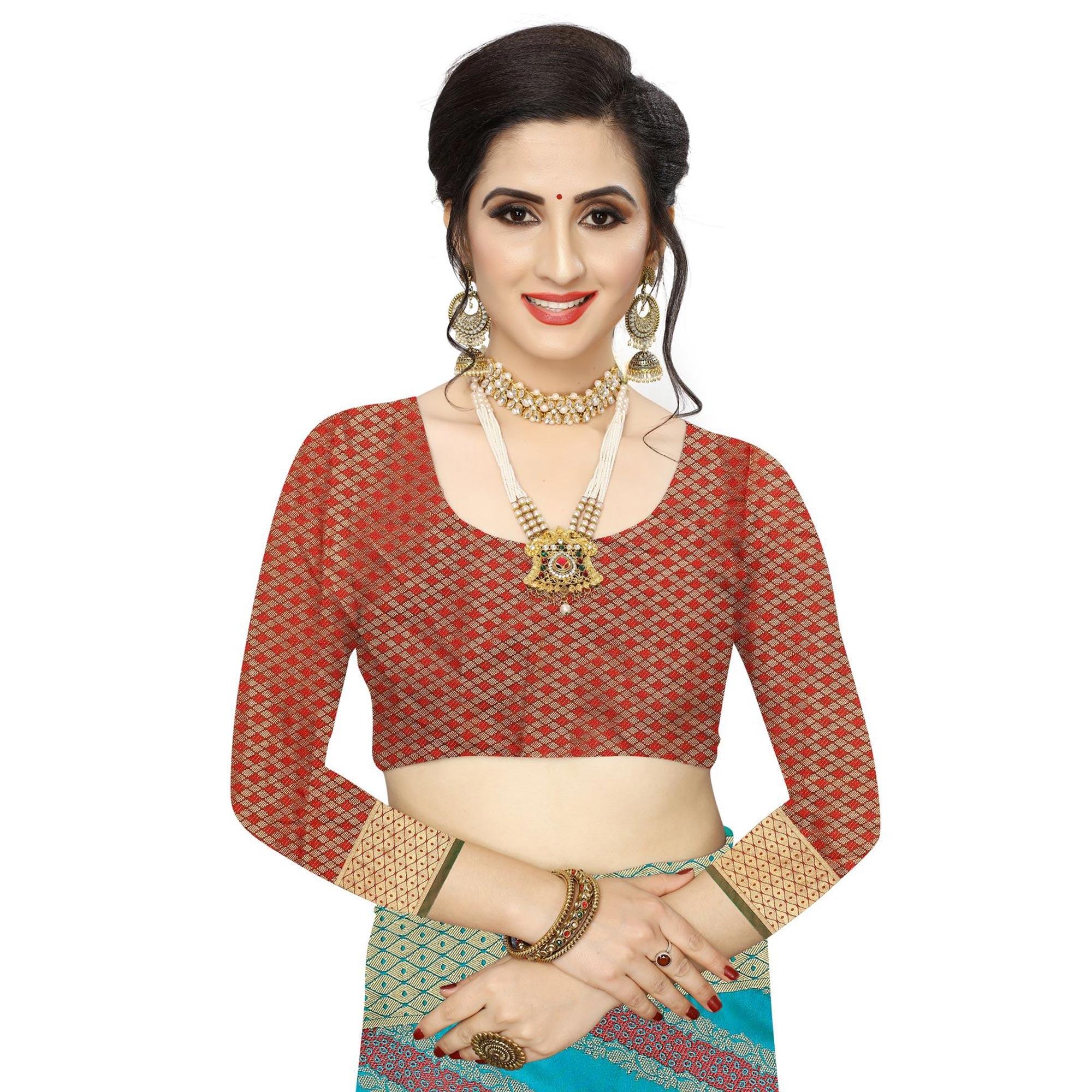 Trendy Rama Blue Colored Festive Wear Woven Kanjivaram Silk Saree - Peachmode