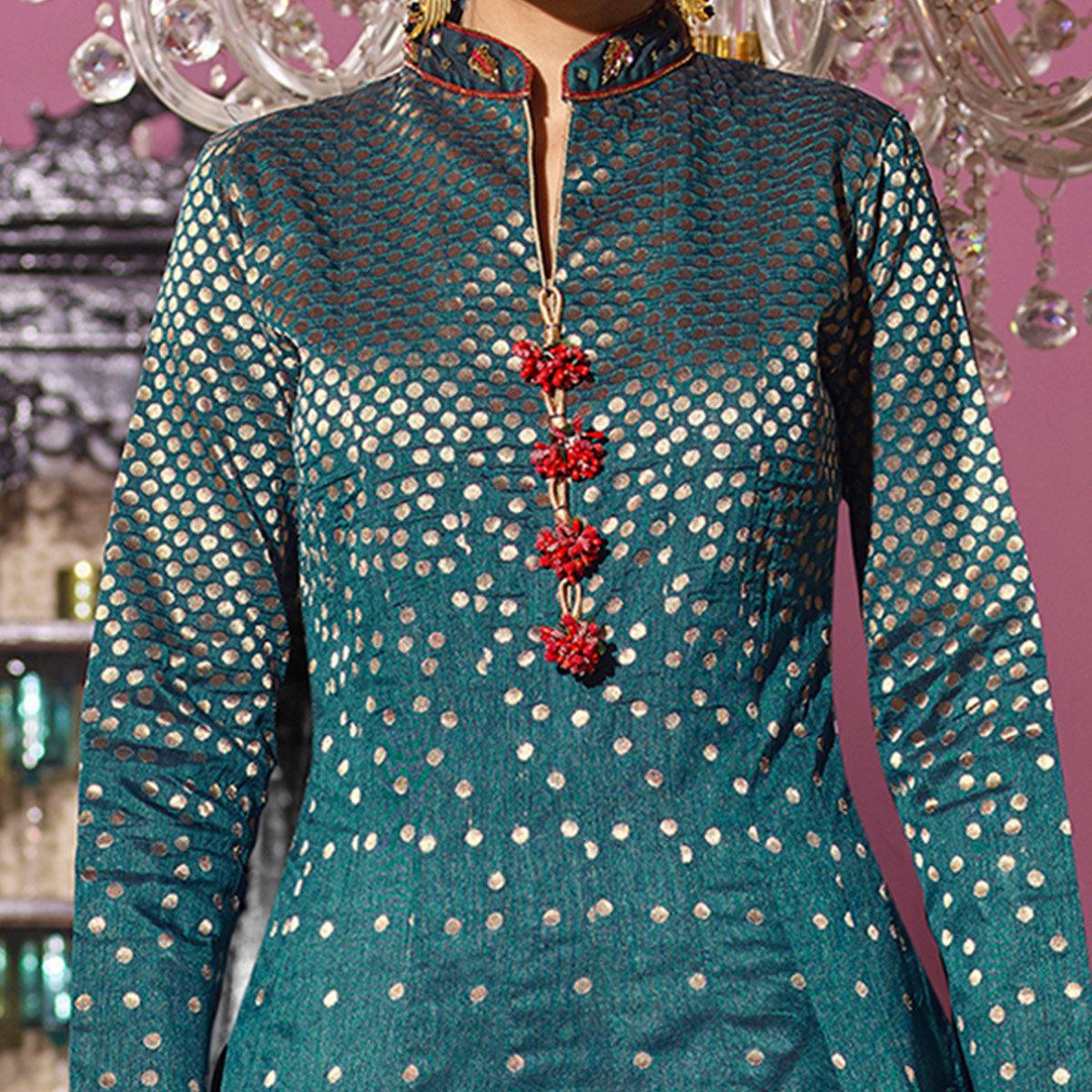 Trendy Rama Partywear Designer Handwork Jacquard Anarkali Suit - Peachmode