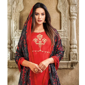 Trendy Red Colored Casual Wear Embroidered Chanderi Dress Material - Peachmode