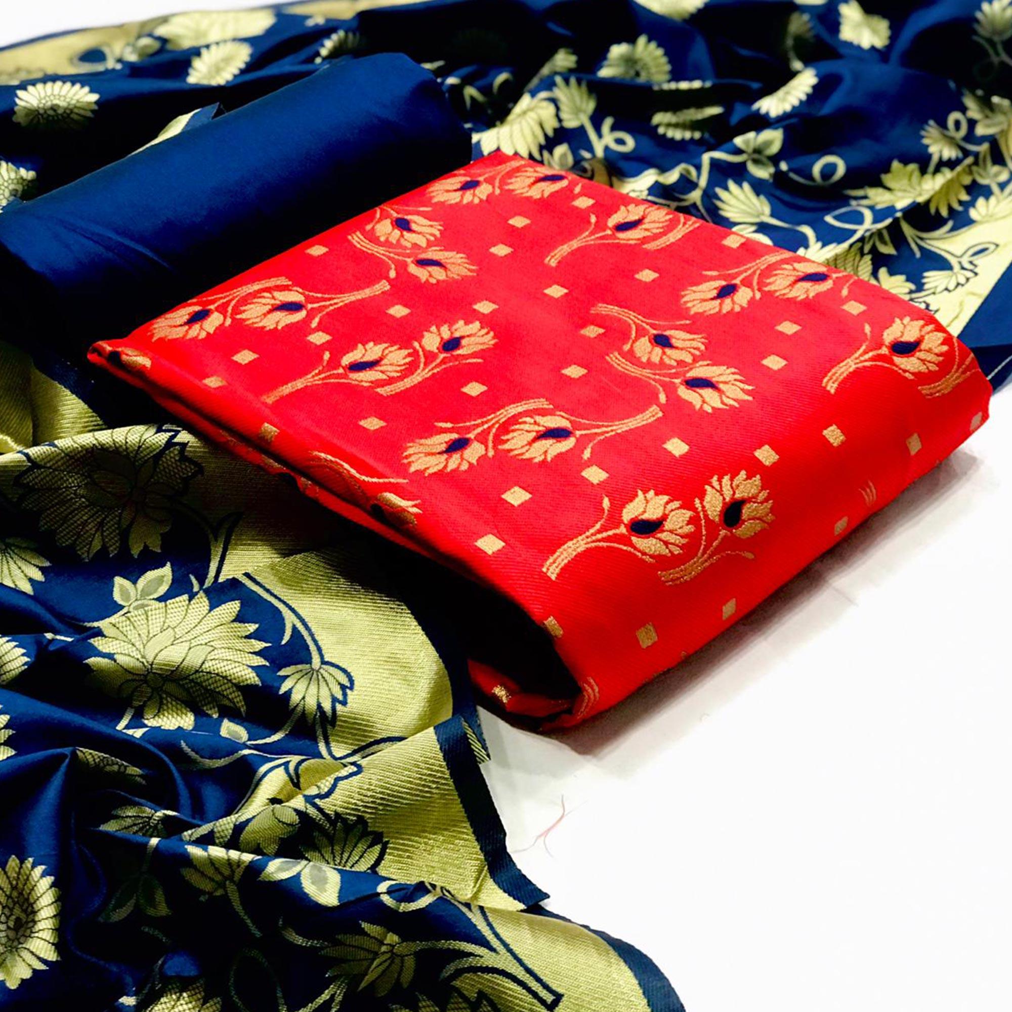 Trendy Red Colored Casual Wear Woven Banarasi Silk Dress Material - Peachmode
