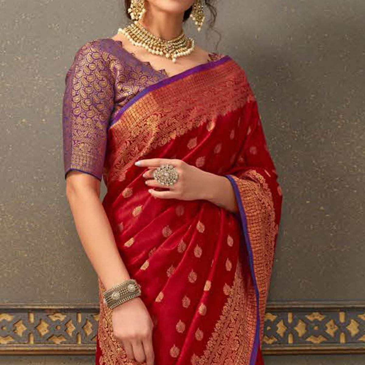 Trendy Red Colored Festive Wear Woven Handloom Silk Saree - Peachmode