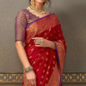 Trendy Red Colored Festive Wear Woven Handloom Silk Saree - Peachmode