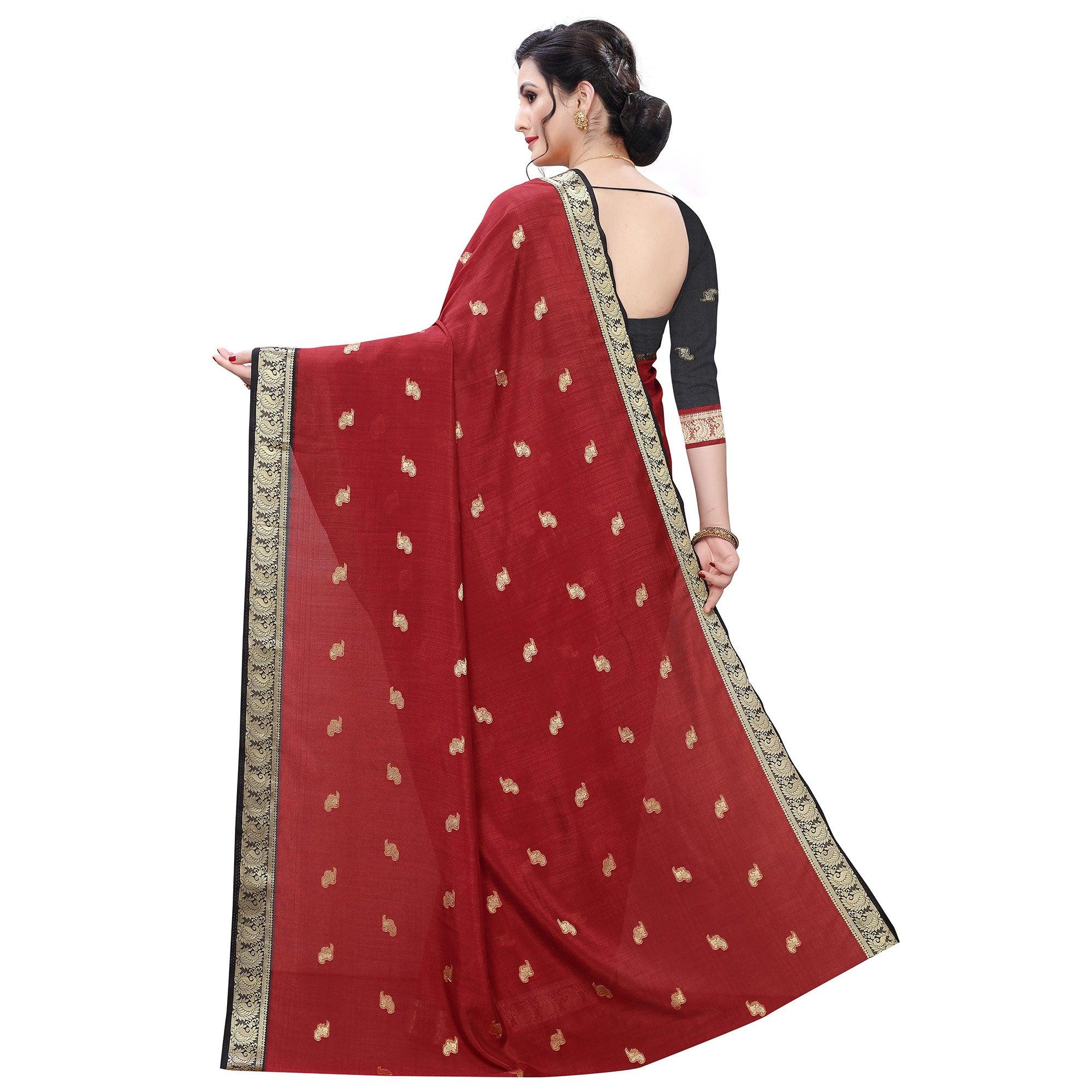 Trendy Red Colored Festive Wear Woven Vichitra Silk Saree - Peachmode