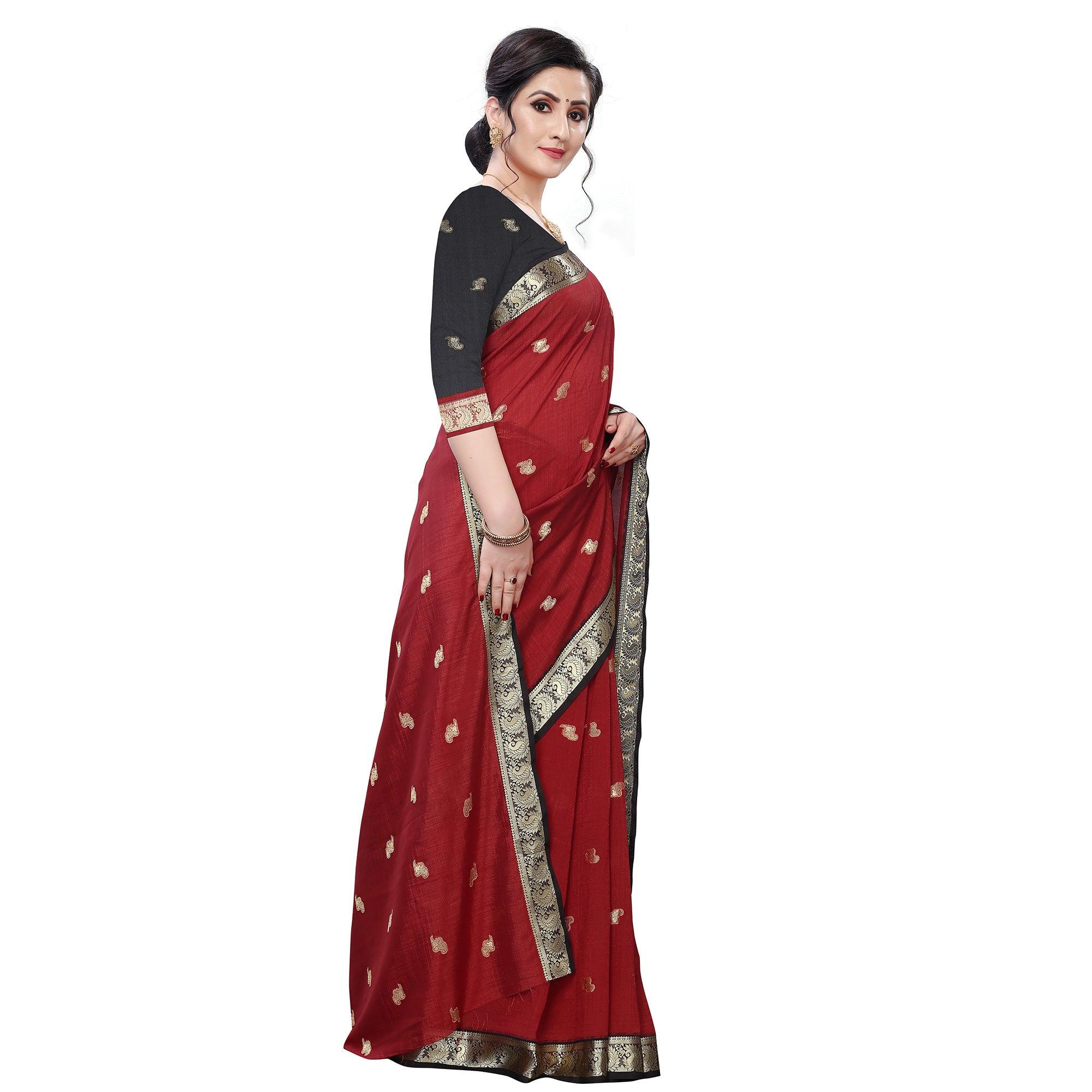 Trendy Red Colored Festive Wear Woven Vichitra Silk Saree - Peachmode