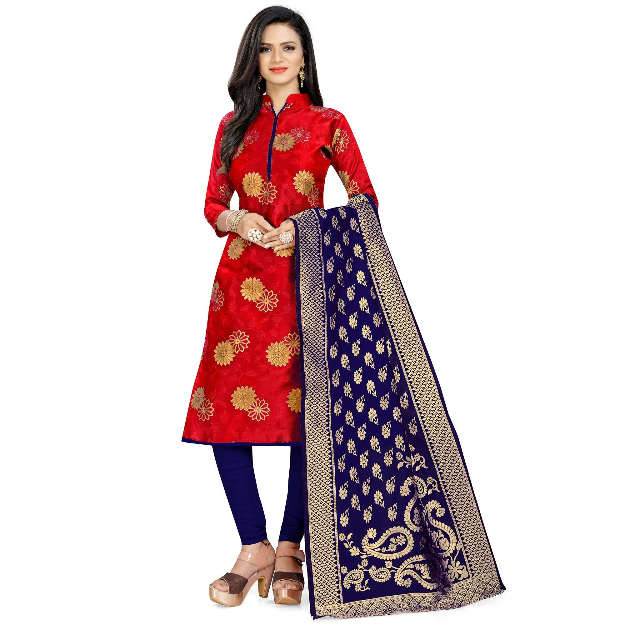 Trendy Red Colored Party Wear Woven Banarasi Silk Dress Material - Peachmode