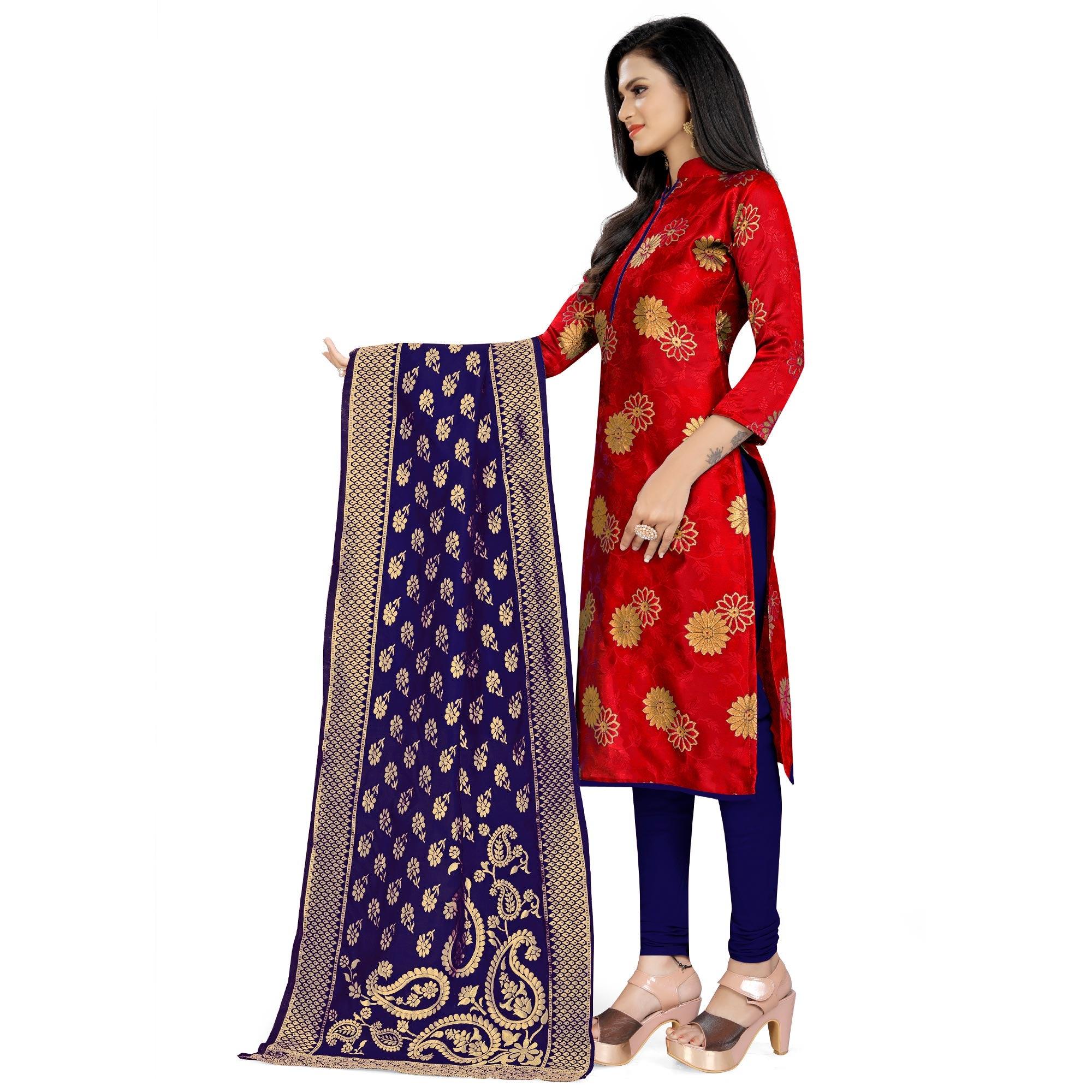Trendy Red Colored Party Wear Woven Banarasi Silk Dress Material - Peachmode
