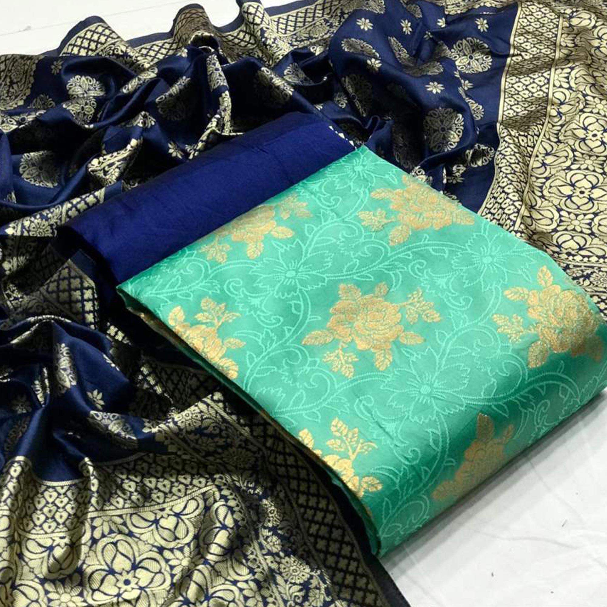Trendy Sea Green Coloredve Casual Wear Banarasi Silk Dress Material - Peachmode