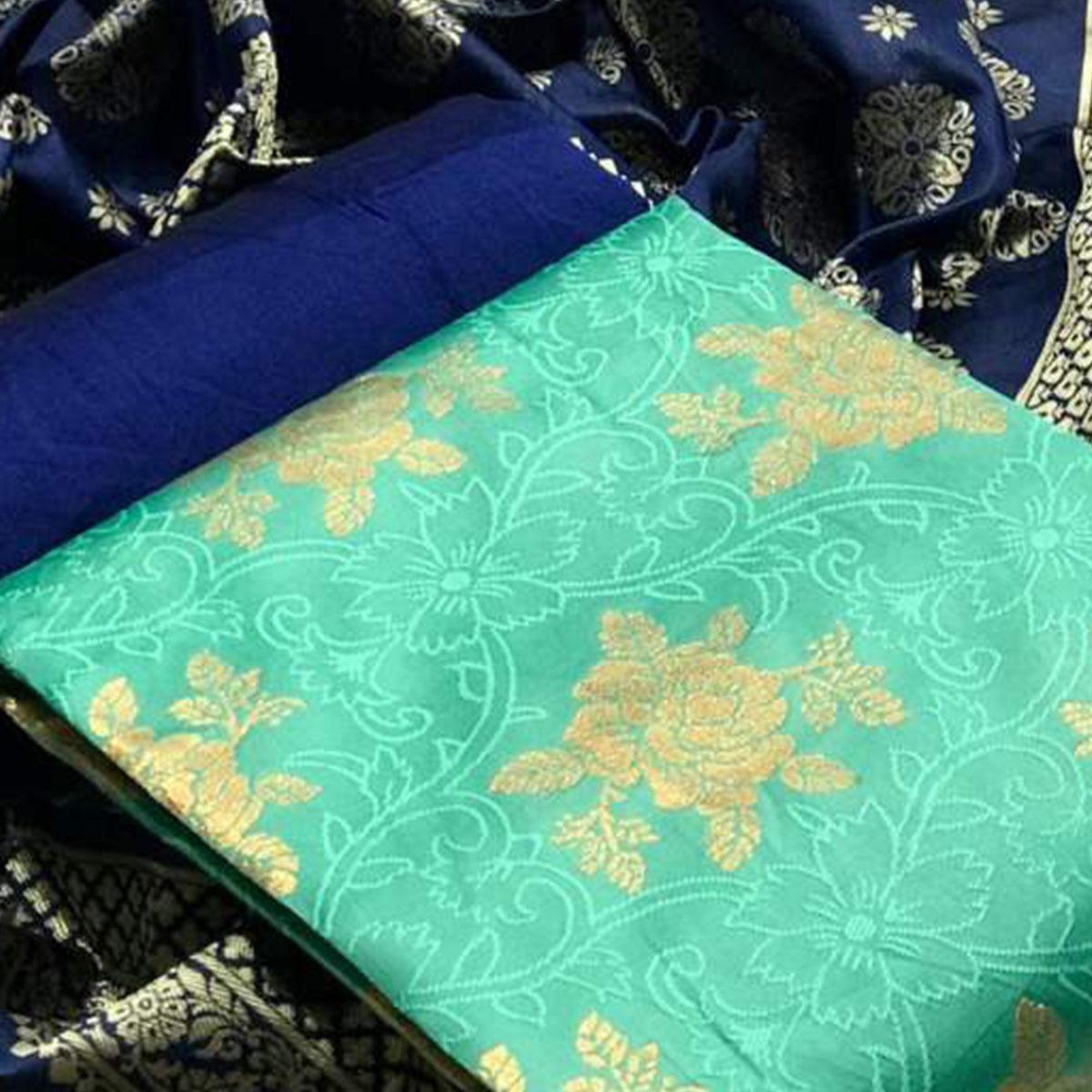 Trendy Sea Green Coloredve Casual Wear Banarasi Silk Dress Material - Peachmode