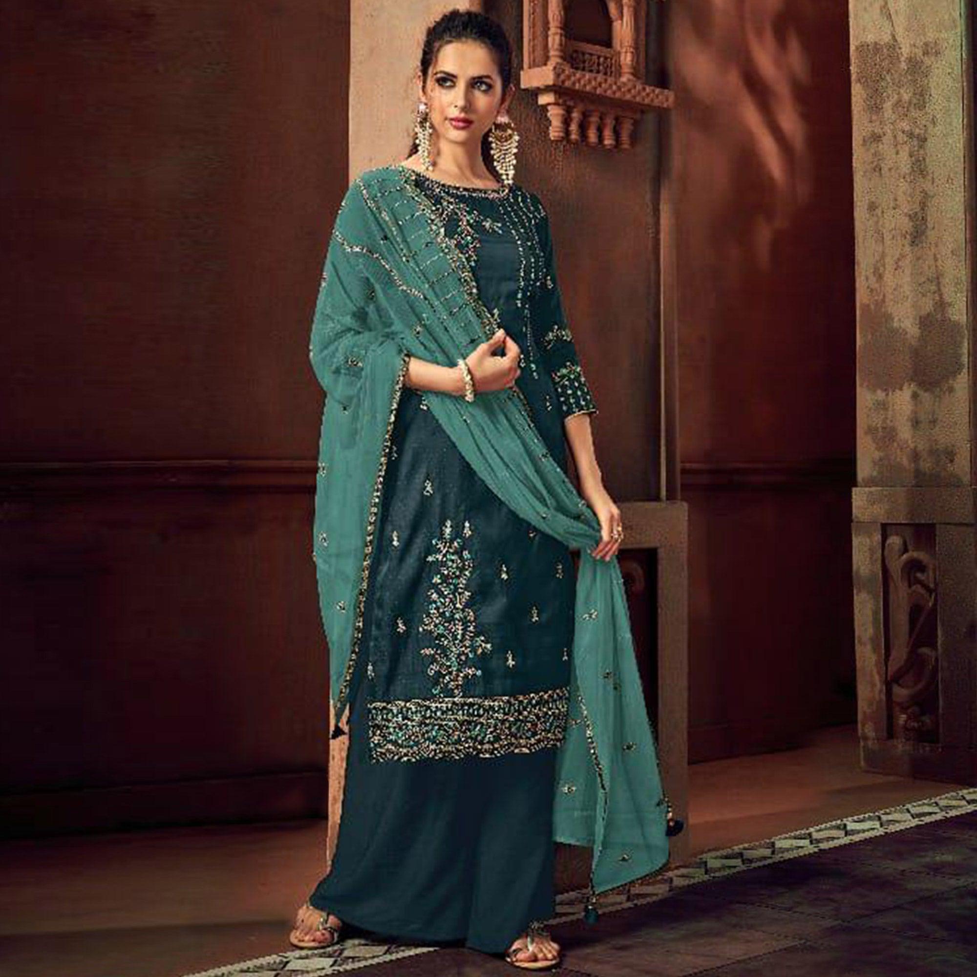 Trendy Teal Green Colored Party Wear Embroidered Silk Palazzo Suit - Peachmode