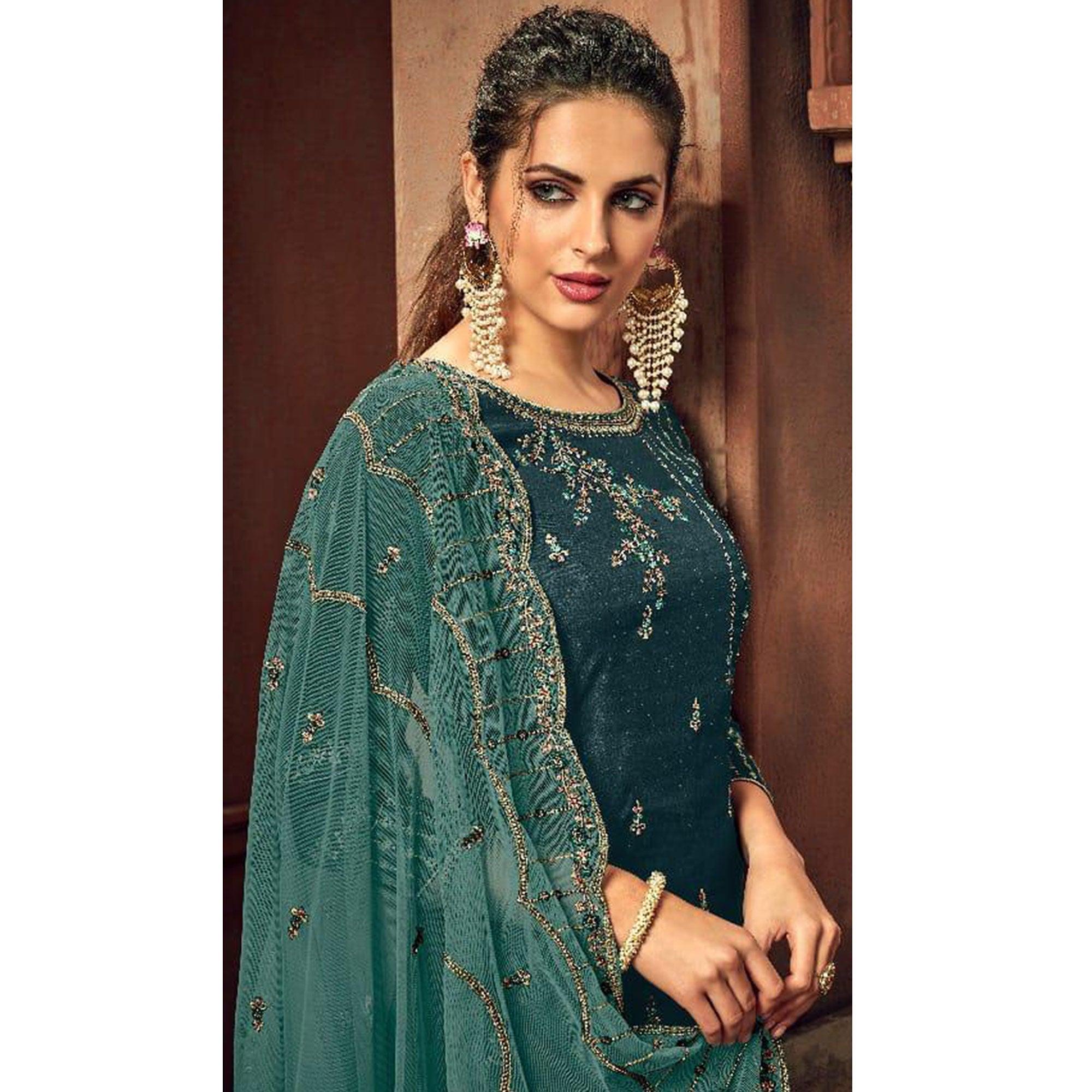 Trendy Teal Green Colored Party Wear Embroidered Silk Palazzo Suit - Peachmode