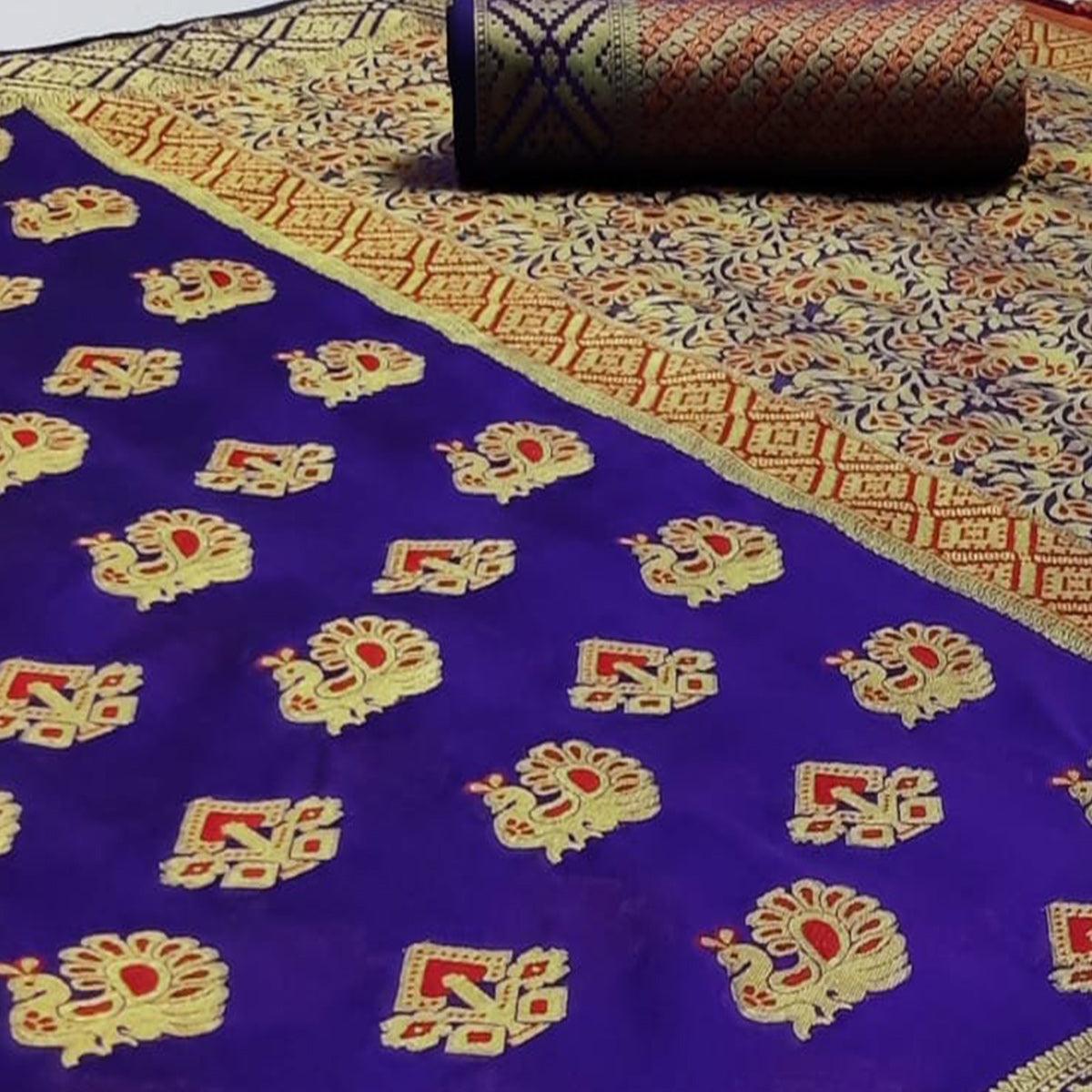 Trendy Violet Colored Festive Wear Woven Cotton Saree - Peachmode