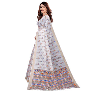 Trendy White Colored Casual Wear Printed Cotton Saree With Tassels - Peachmode