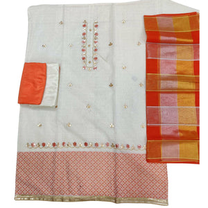 Trendy White - Orange Colored Casual Embroidered Modal Chanderi Jacquard Dress Material - Peachmode