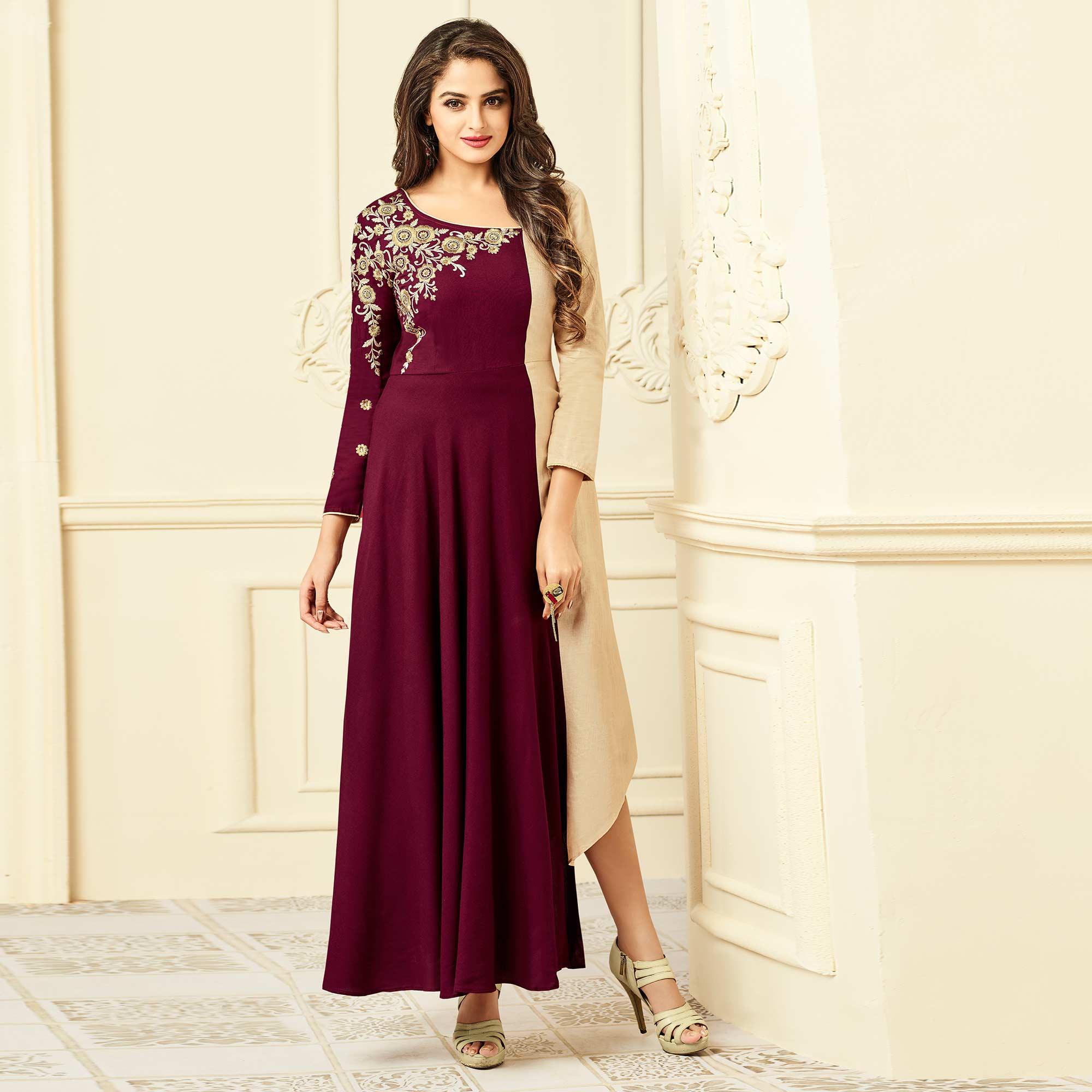 Trendy Wine-Beige Colored Party Wear Floral Embroidered Rayon Kurti - Peachmode