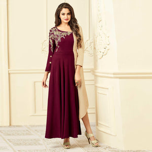 Trendy Wine-Beige Colored Party Wear Floral Embroidered Rayon Kurti - Peachmode