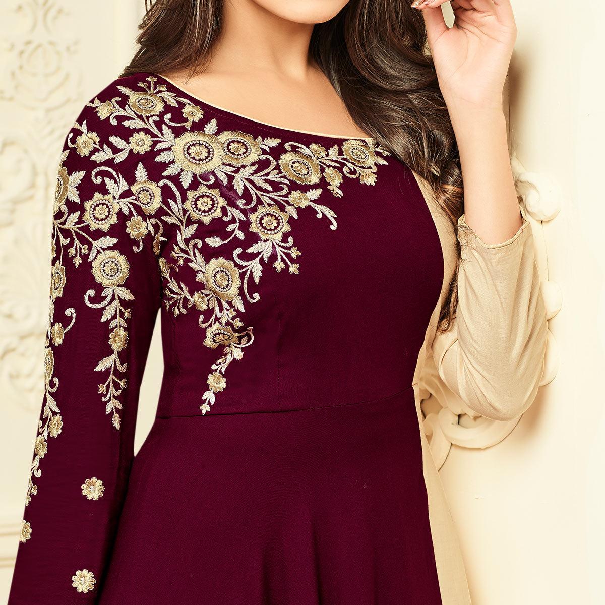 Trendy Wine-Beige Colored Party Wear Floral Embroidered Rayon Kurti - Peachmode