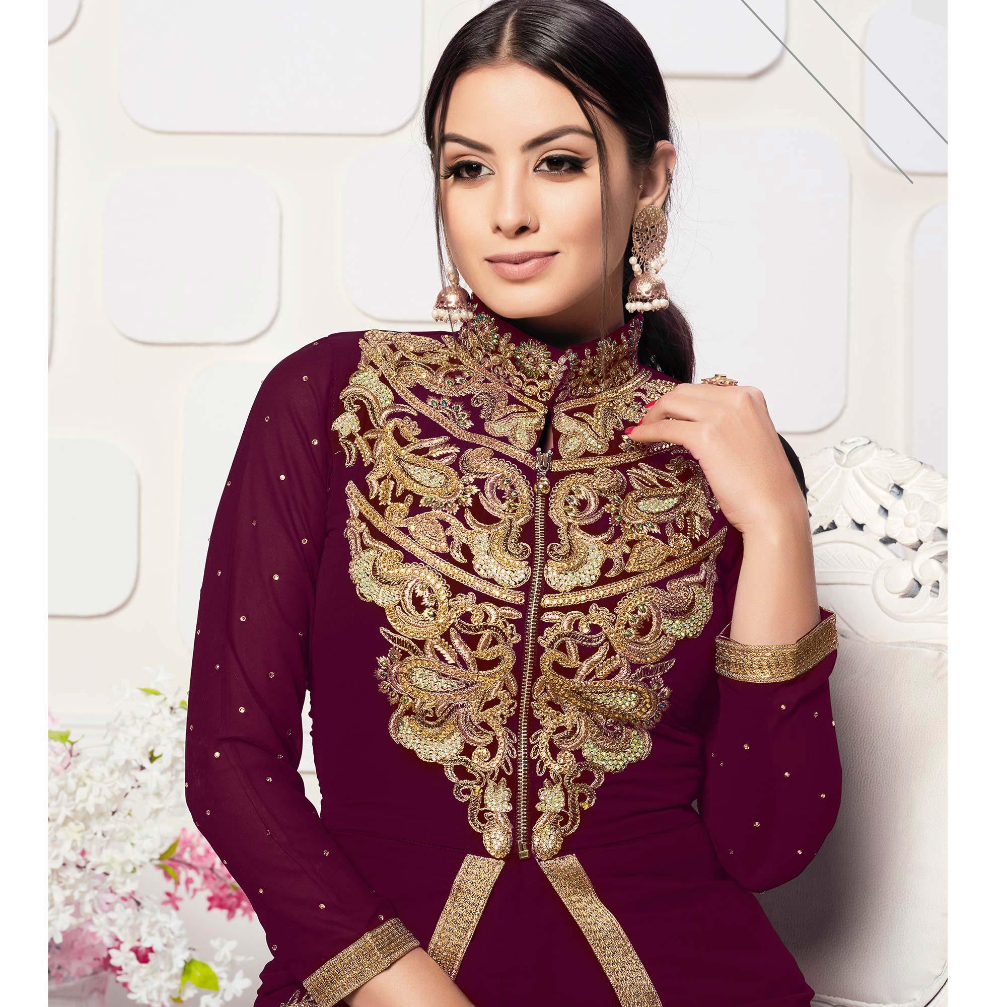 Trendy Wine Colored Party Wear Embroidered Georgette Pant Style Suit - Peachmode