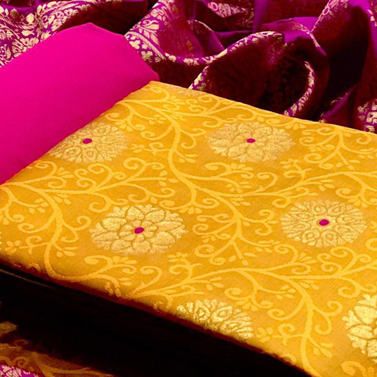 Trendy Yellow Colored Casual Woven Banarasi Silk Dress Material - Peachmode
