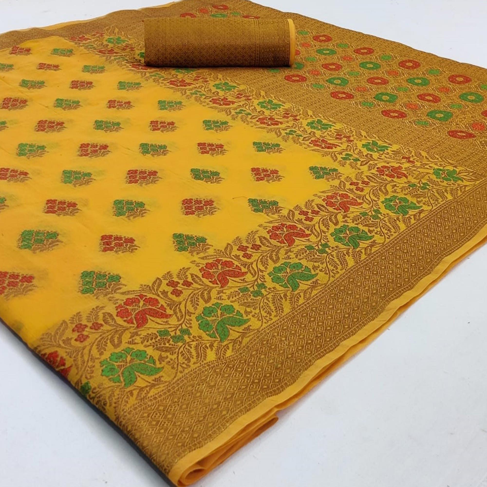 Trendy Yellow Colored Festive Wear Woven Cotton Saree - Peachmode