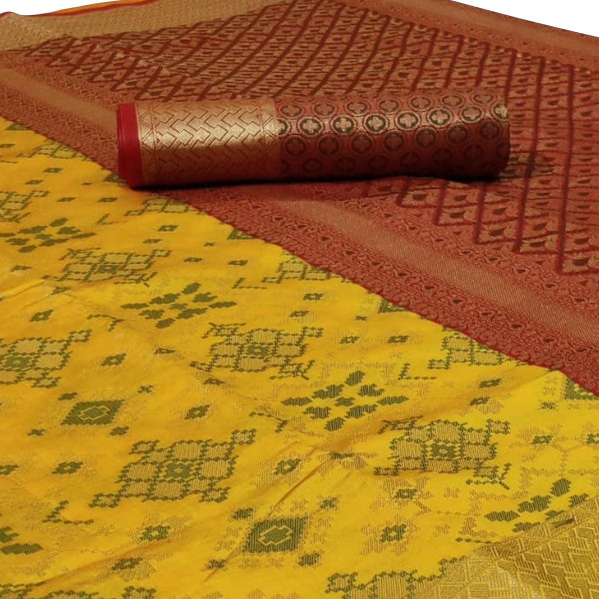 Trendy Yellow Colored Festive Wear Woven Silk Saree - Peachmode