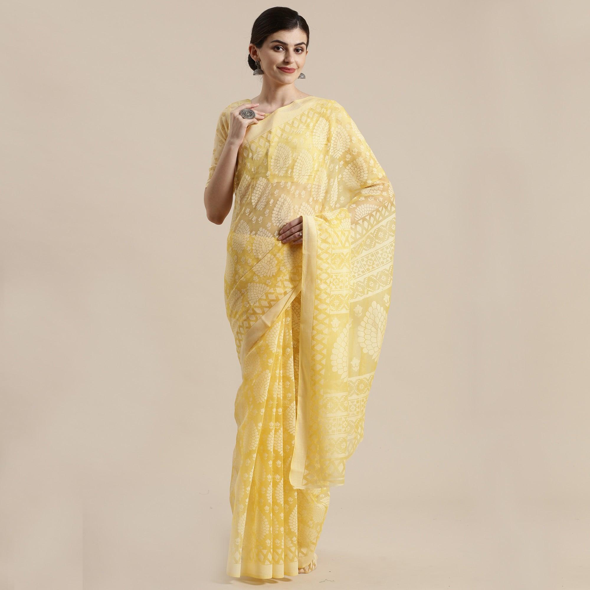 Trendy Yellow Colored Party Wear Geometric Brasso Saree - Peachmode