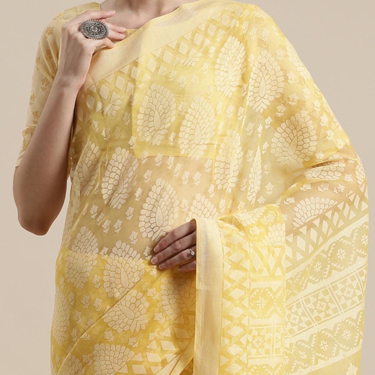 Trendy Yellow Colored Party Wear Geometric Brasso Saree - Peachmode