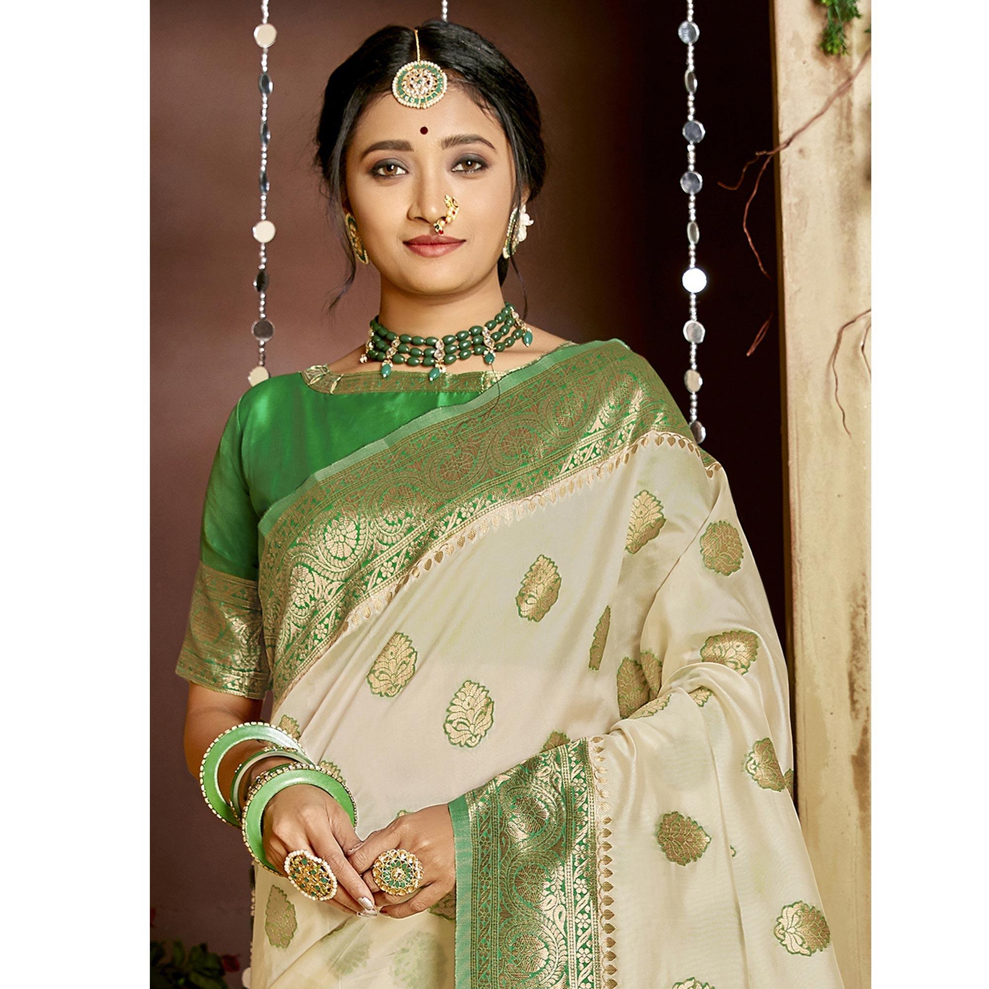 Triveni - White & Green Color Jacquard Silk Party Wear Saree With Blouse Piece - Peachmode