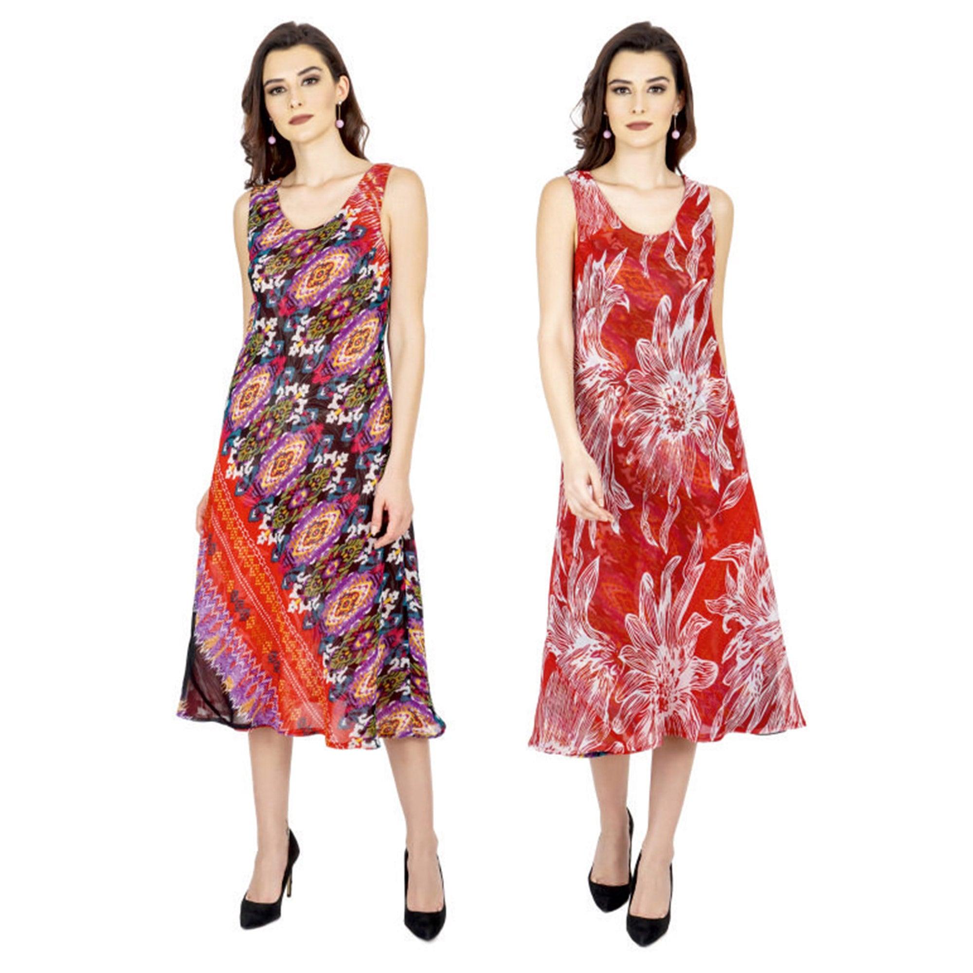 TSM - Red Printed Georgette Reversible Dress - Peachmode