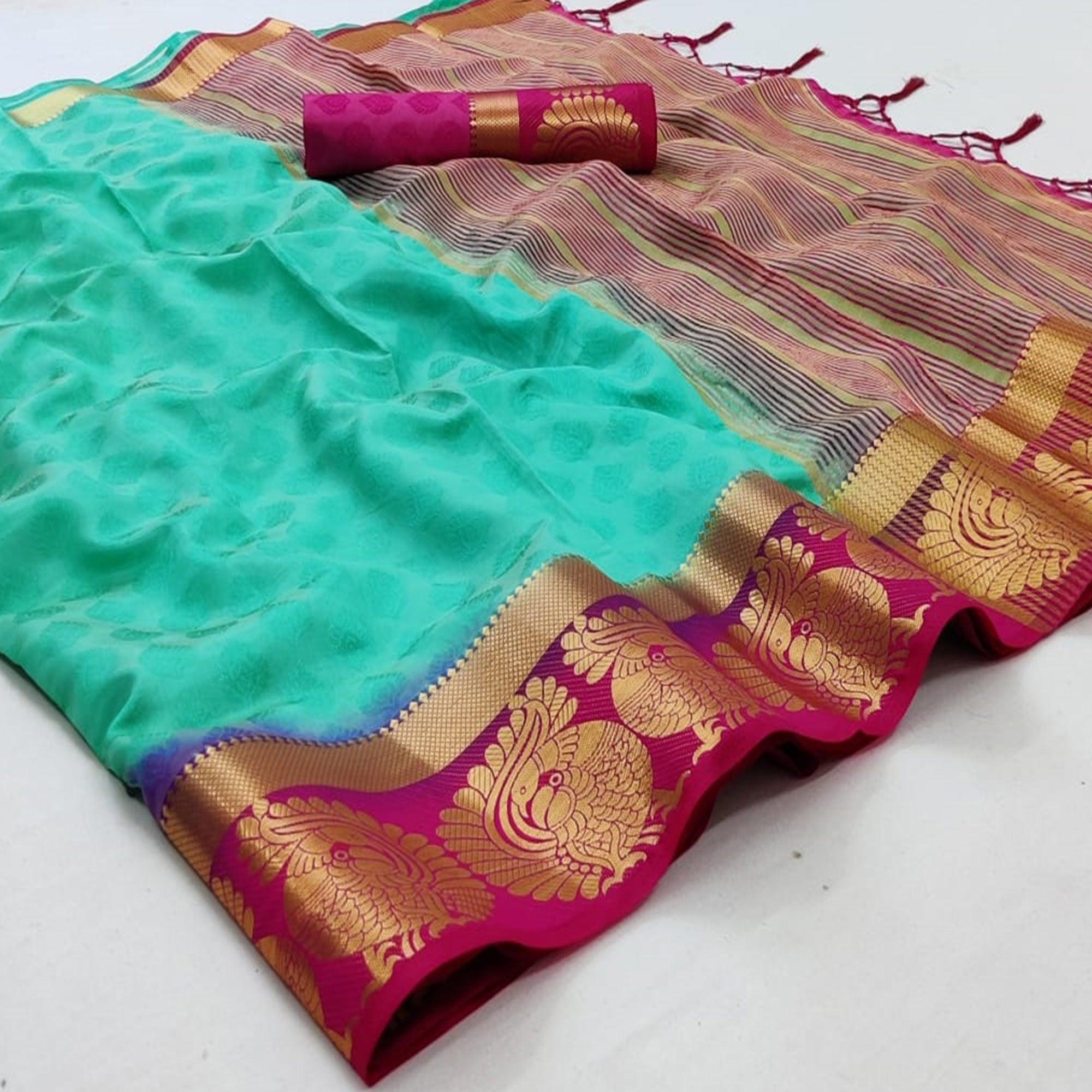 Tturquoise Green Festive Wear Woven Kanjiwaram Art Silk Saree - Peachmode