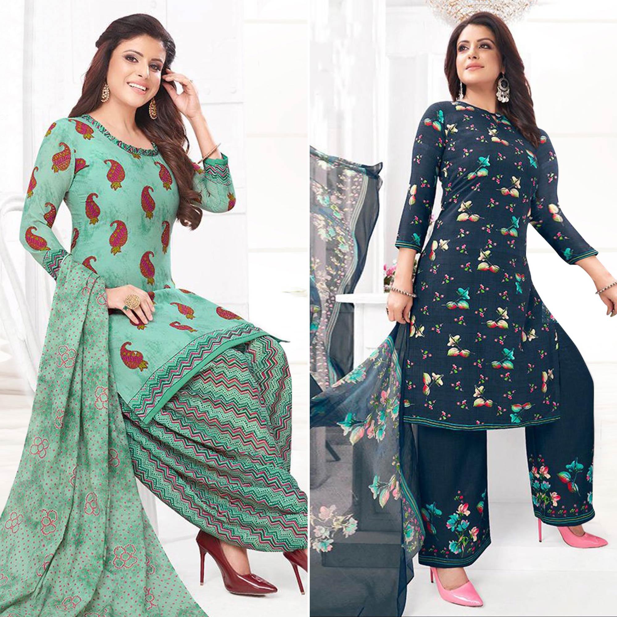 Turquoise And Blue Patiala Dress Material Pack Of 2 - Peachmode