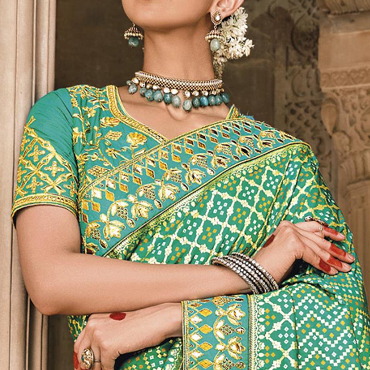 Turquoise & Green Festive Wear Plain & Hand Work Pure Silk Saree - Peachmode